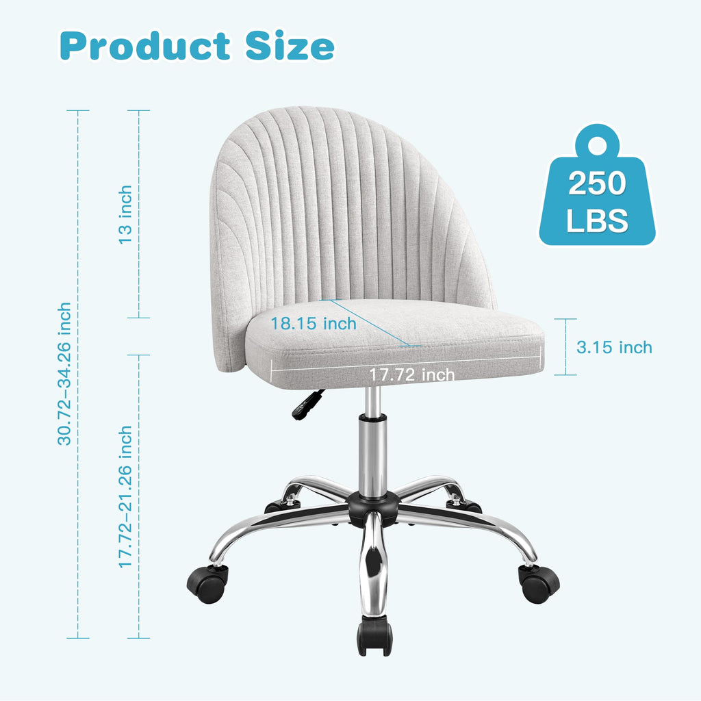 Modern Armless Cute Adjustable Swivel Padded Fabric Vanity Chair with Wheels