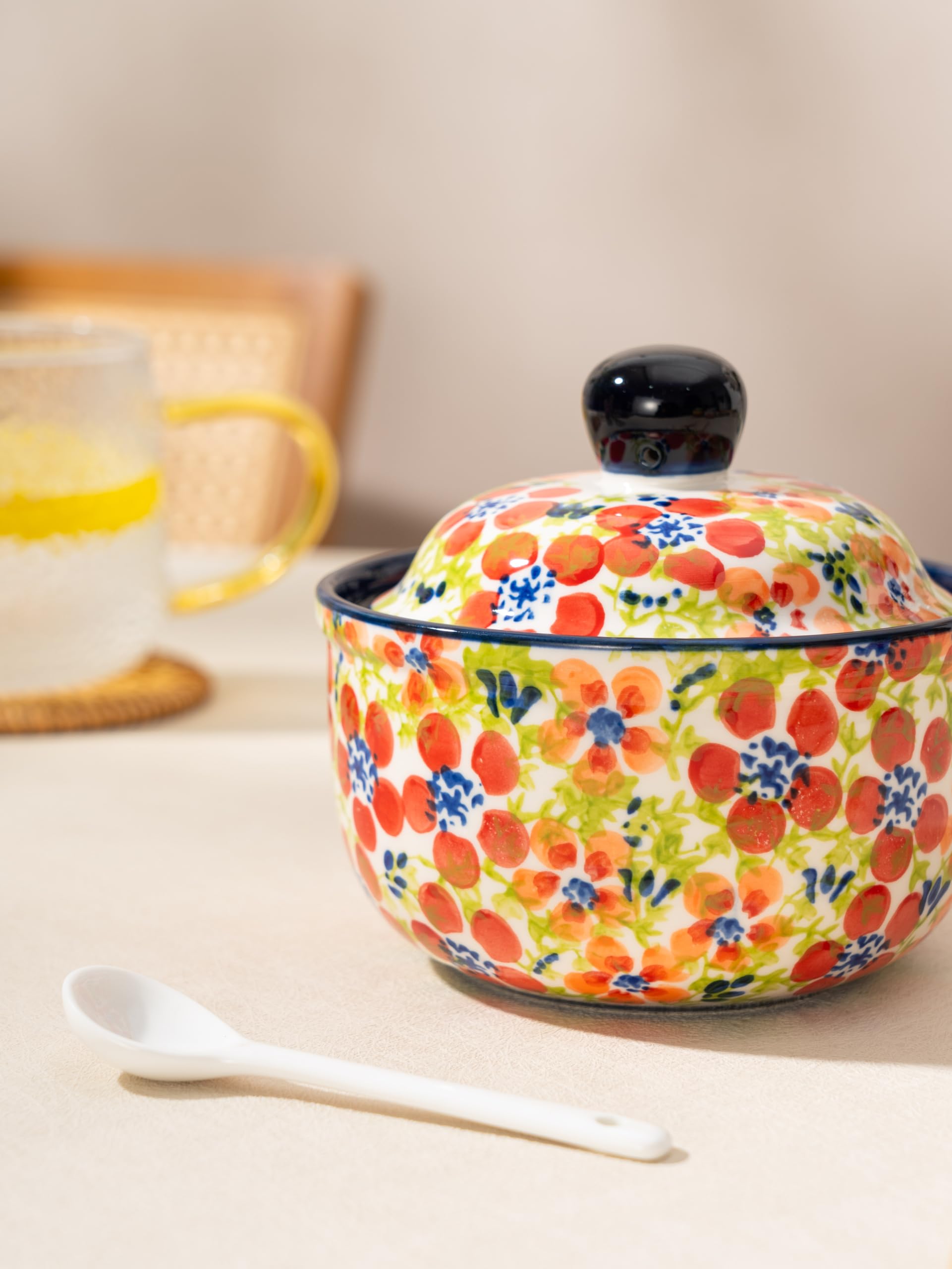 Handmade Sugar Bowl with Lid and Spoon, 10 Ounce Ceramic Hand-Painted Sugar Jar for Kitchen Oven, Dishwasher & Microwave Safe, Glazed