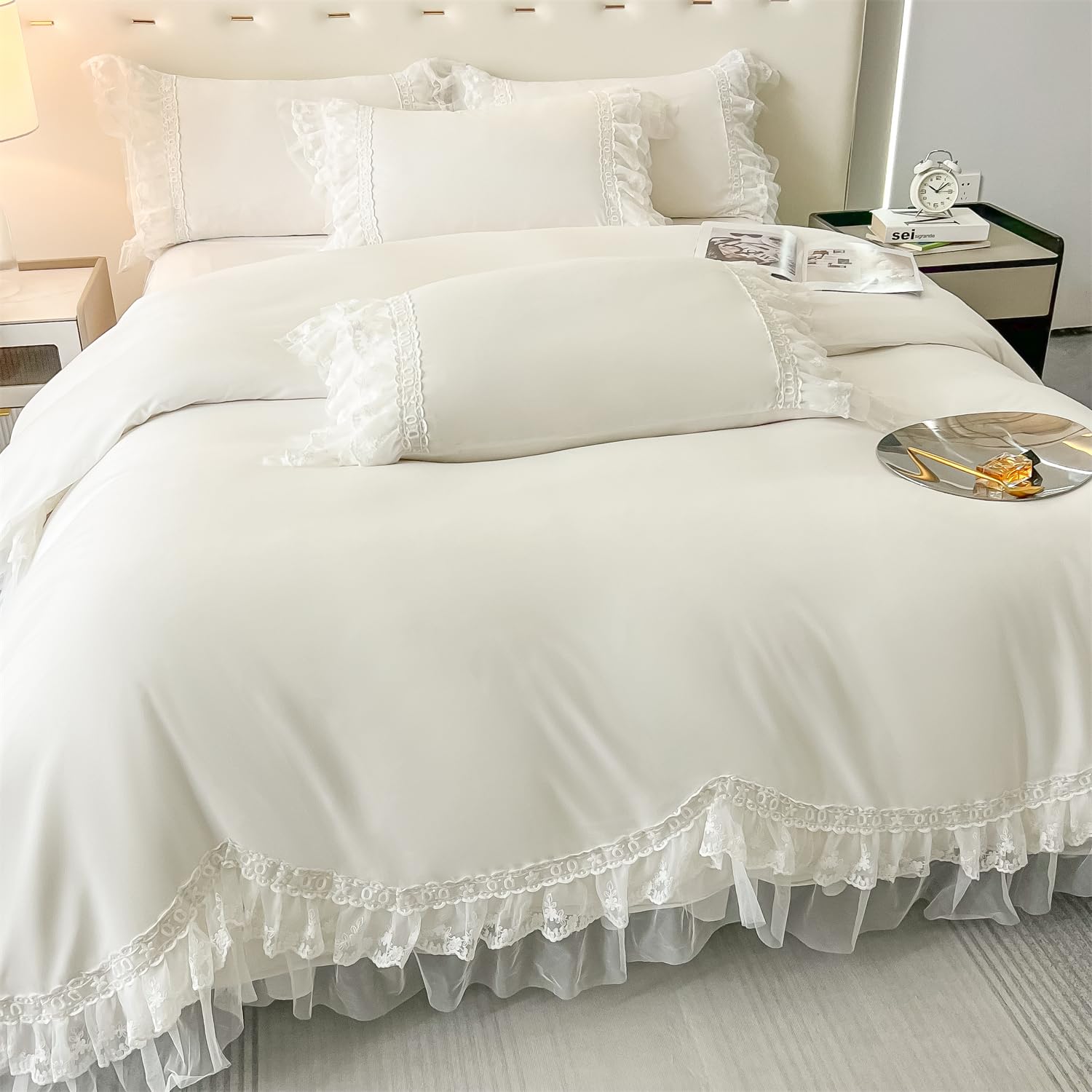 Chic Ruffle Lace Polyester Duvet Cover Set -Bedding-2 Piece Duvet Cover with Zipper Closure -Ultra Soft and Light Weight