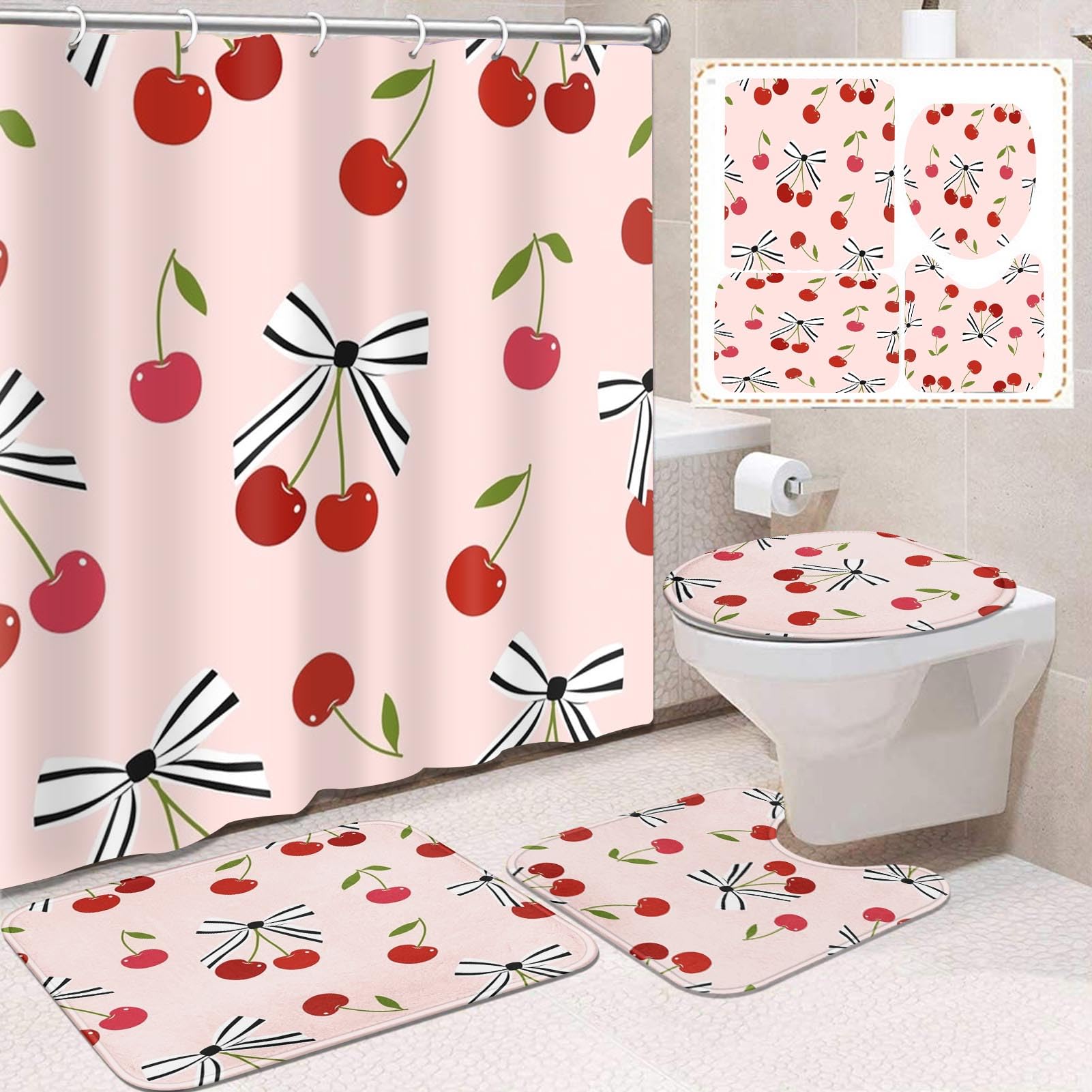Vintage 4 Pcs Bathroom Sets with Shower Curtain and Rugs, Shower Curtain Sets for Bathroom Decor with 12 Hooks