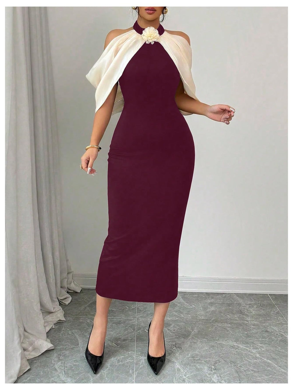 Women's 3D Floral Halter Dress Elegant Color Block Cold Shoulder Backless Bodycon Dresses