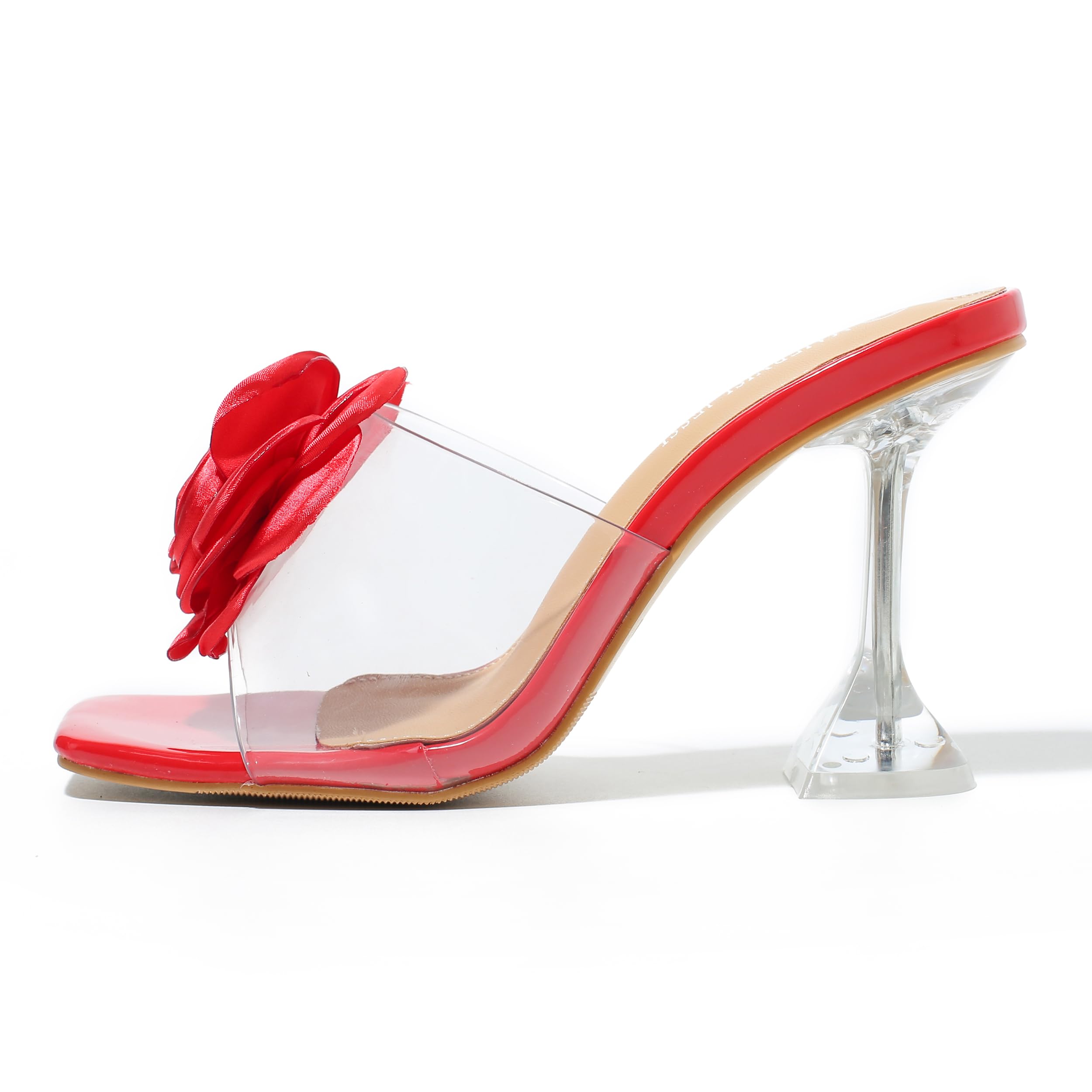 Women Flowers High Heels Mules Sandals Square Toe Slip On Sandals