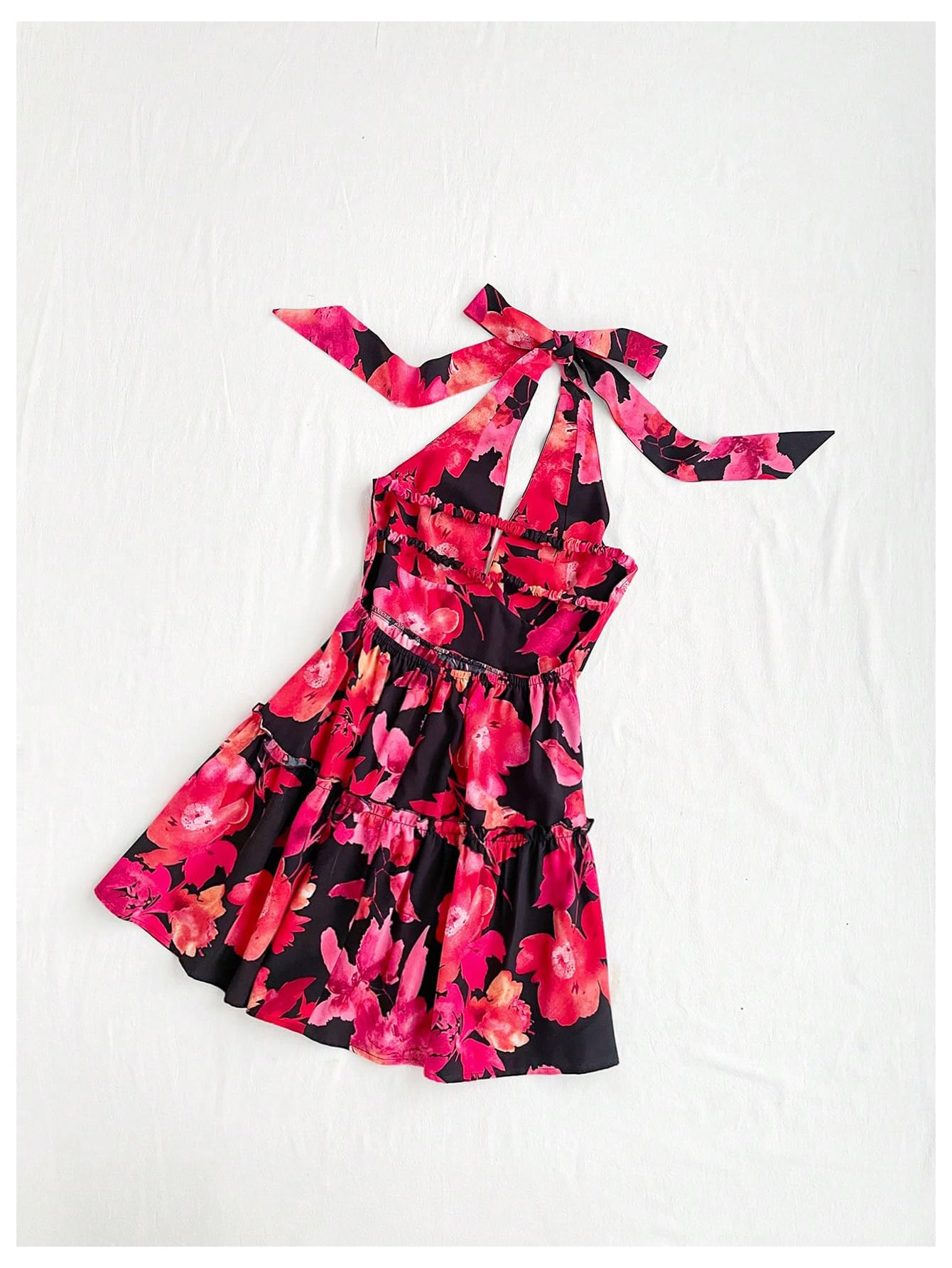 Women's Floral Print Sleeveless Halter Neck Layered Hem A Line Mini Dress