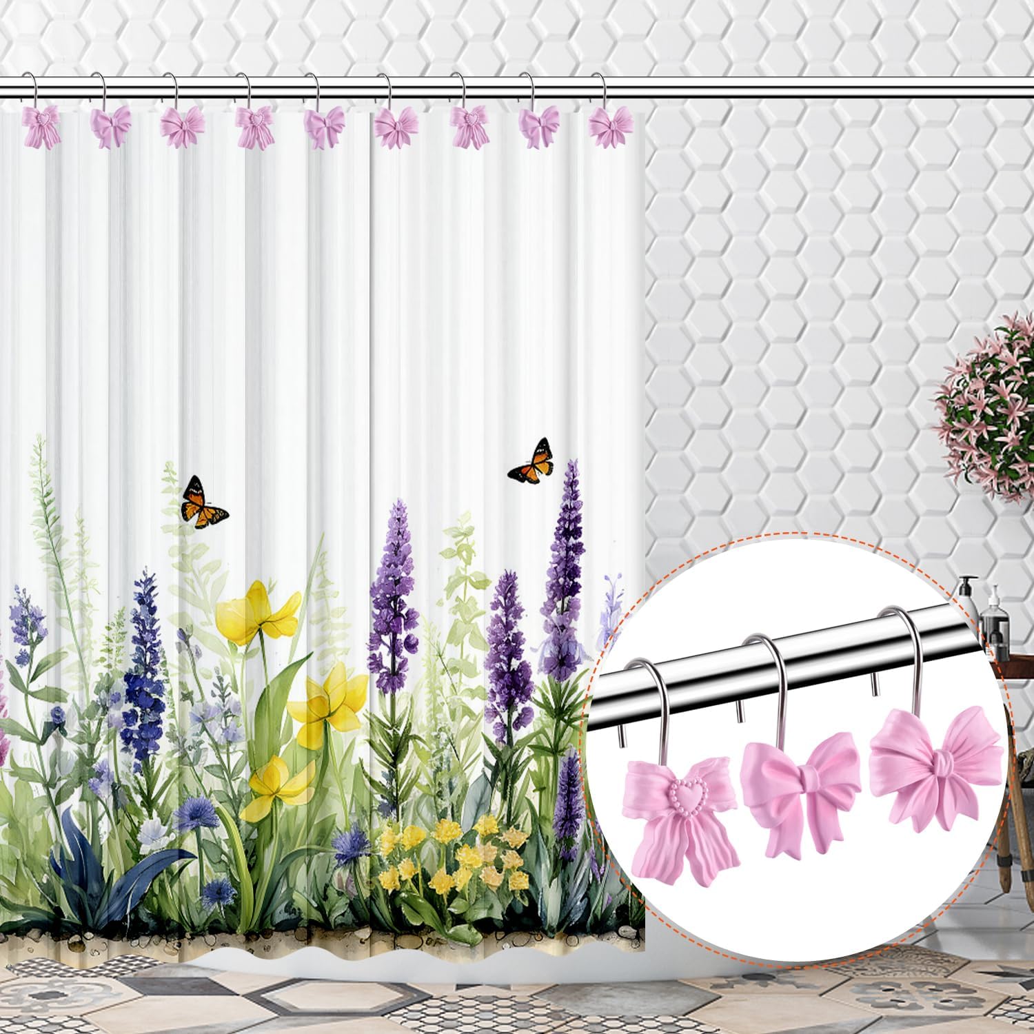 Pink Bow Knot Resin Shower Curtain Hooks Rings for Bathroom 12 PCS