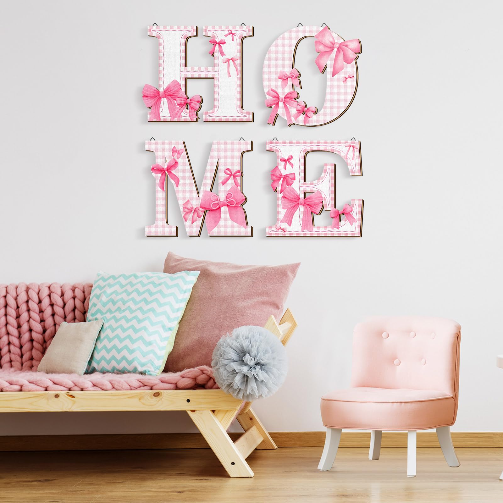 Pink Bow Home Sign Coquette Pink Bow Wall Decor 4 Pcs