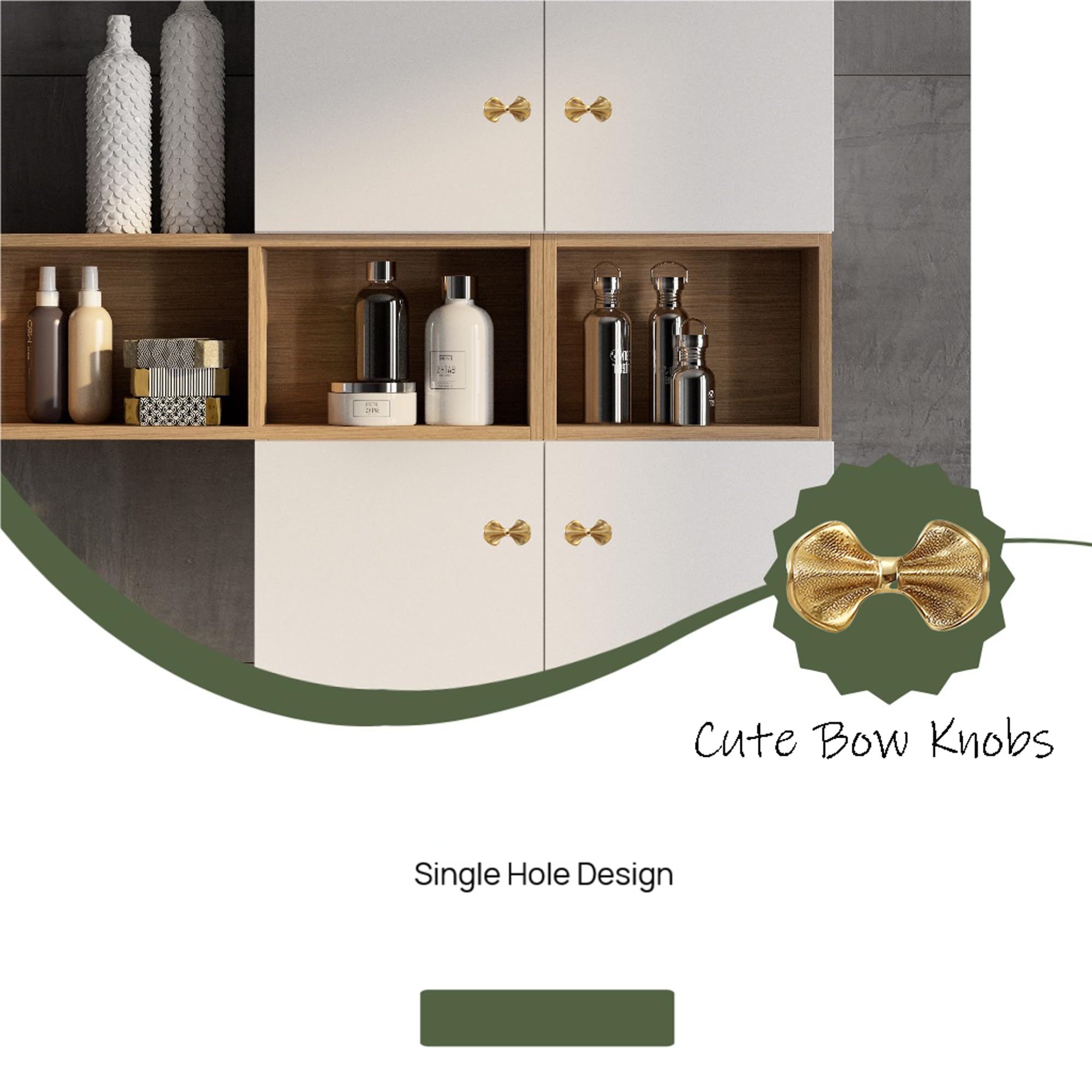Gold Brass Small Bow Knobs Cute Dresser Drawer Handles Kitchen Cabinet Pulls Art Deco Single Hole Decorative Knobs Modern Furniture Hardware for Closet Cupboard