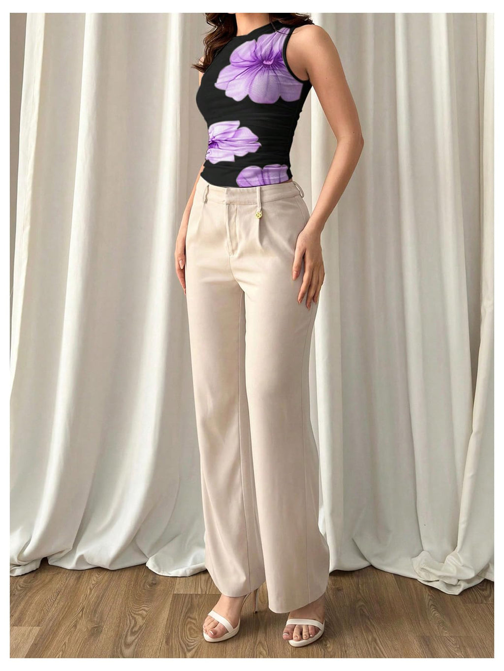 Women's Flower Print Mesh Top Sleeveless Mock Neck Ruched Tank Tops