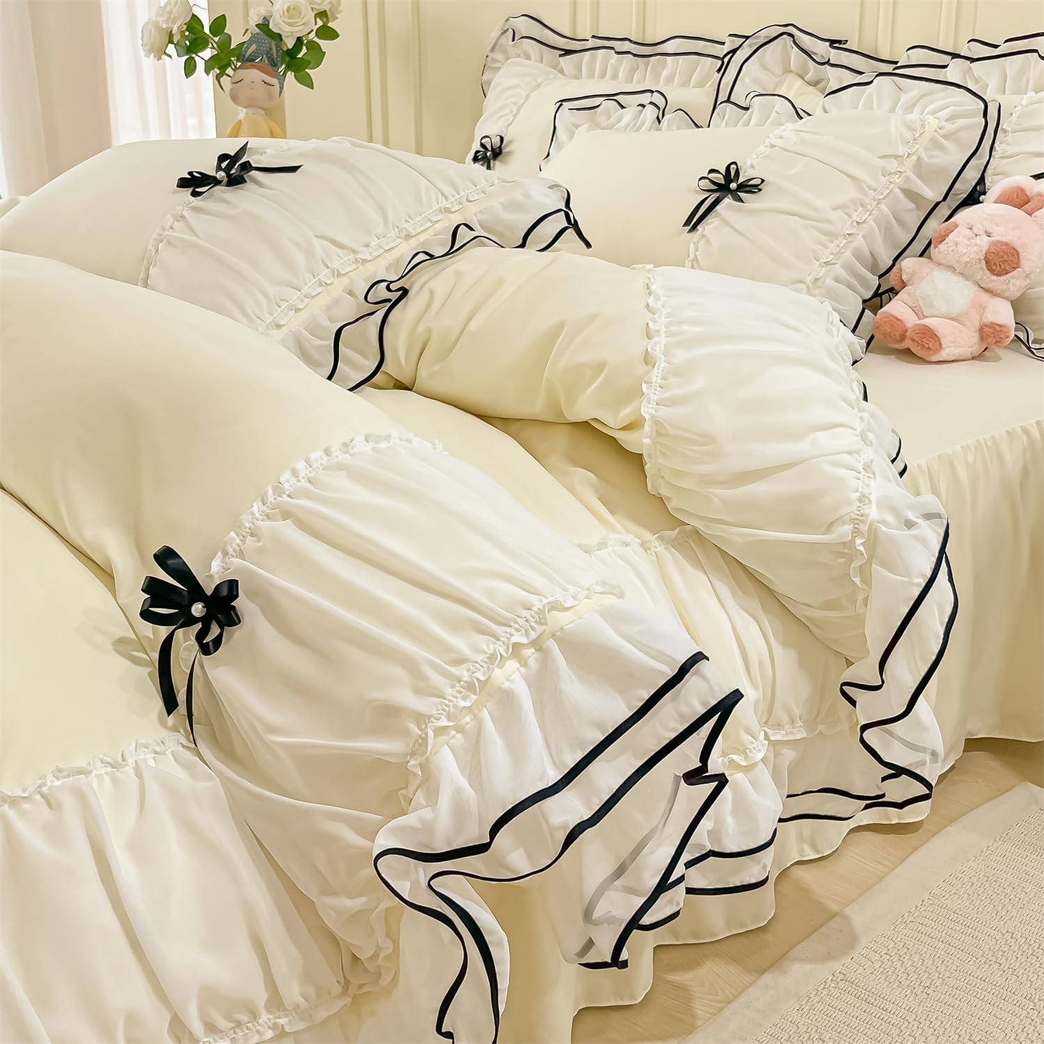 Duvet Cover Ruffle Beddding Set with Bowtie - 3 Pieces Comforter Cover Set with Zipper Closure & Pillowcase - Comforter Not Included