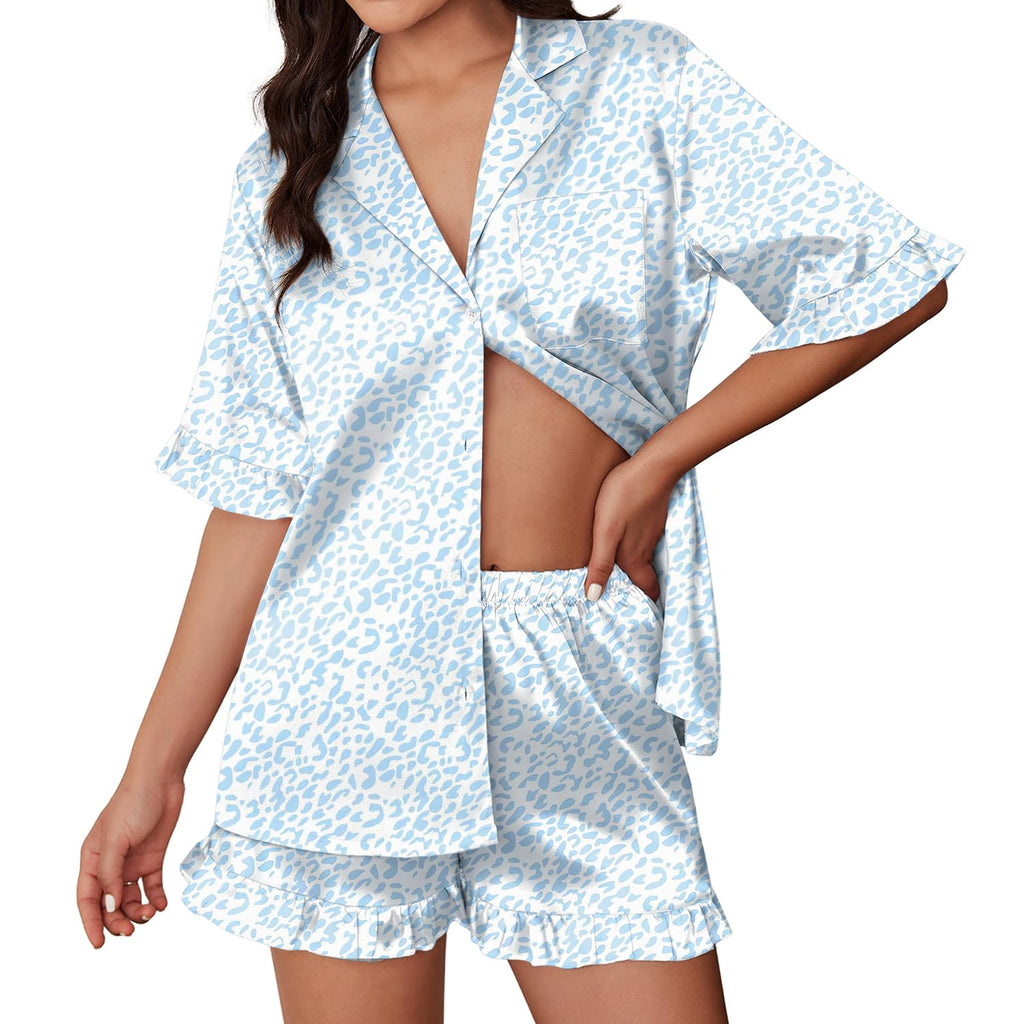 Womens Satin Pajamas Cute Ruffle Sleeve Printed Sleepwear Button Down Silk Pjs Set
