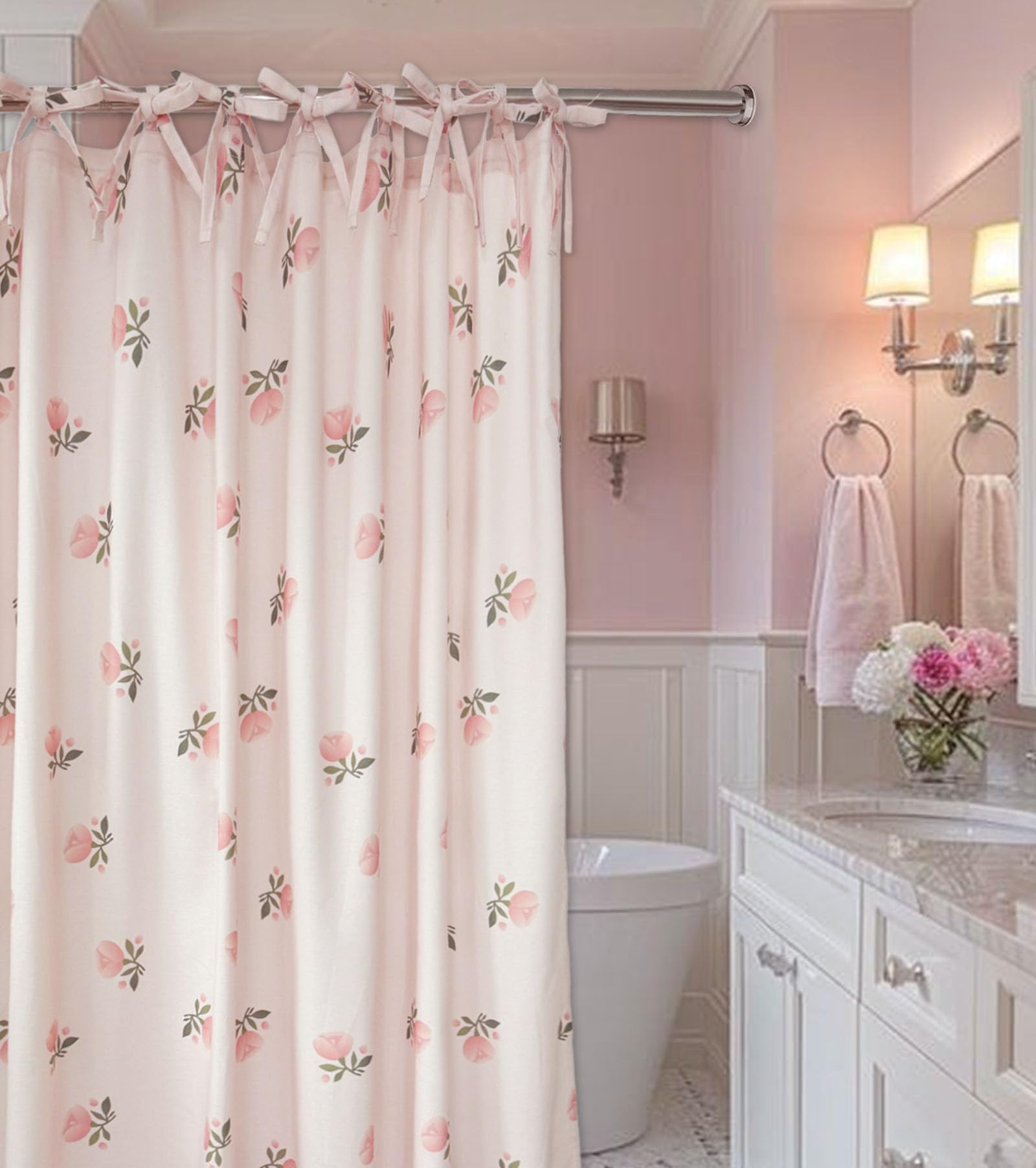 Girly Pink Floral Shower Curtain Hookless Flower Rose Shower Curtain Linen-Cotton Blend 72x72 Inches for Bathroom