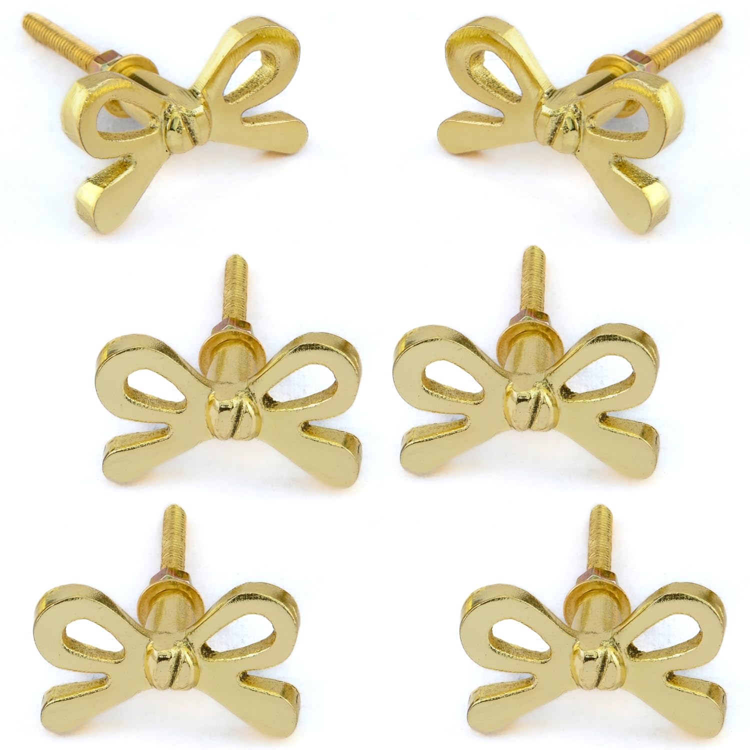 Set of 6 Metal Door Knobs - Decorative Door Knobs Bow Tie Handle with Screw | Cupboard Drawer Wardrobe Pulls (2.25" x 1.25" x 1.1") Gold