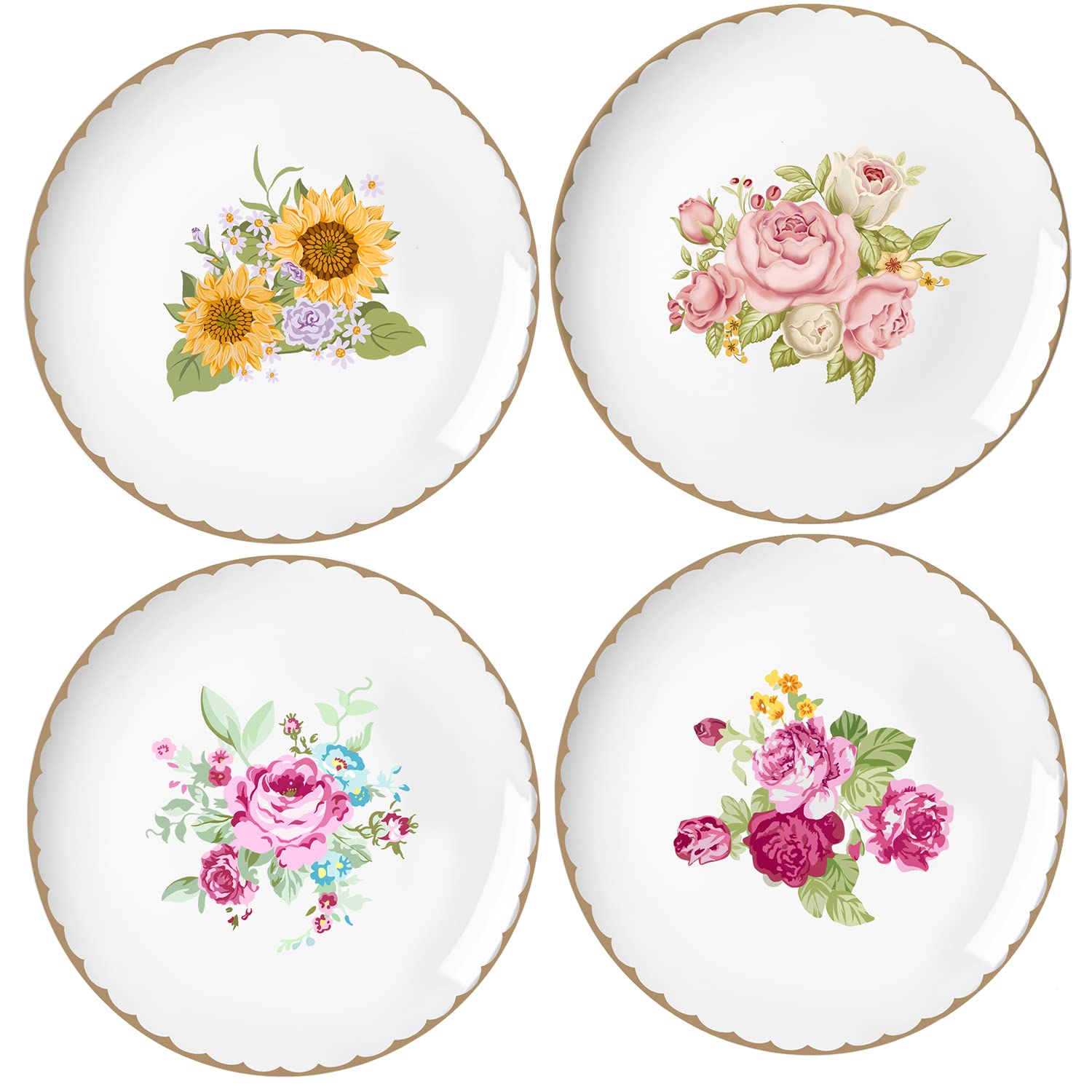 Vintage Floral Flowers Pattern Ceramic Plates, Set of 4