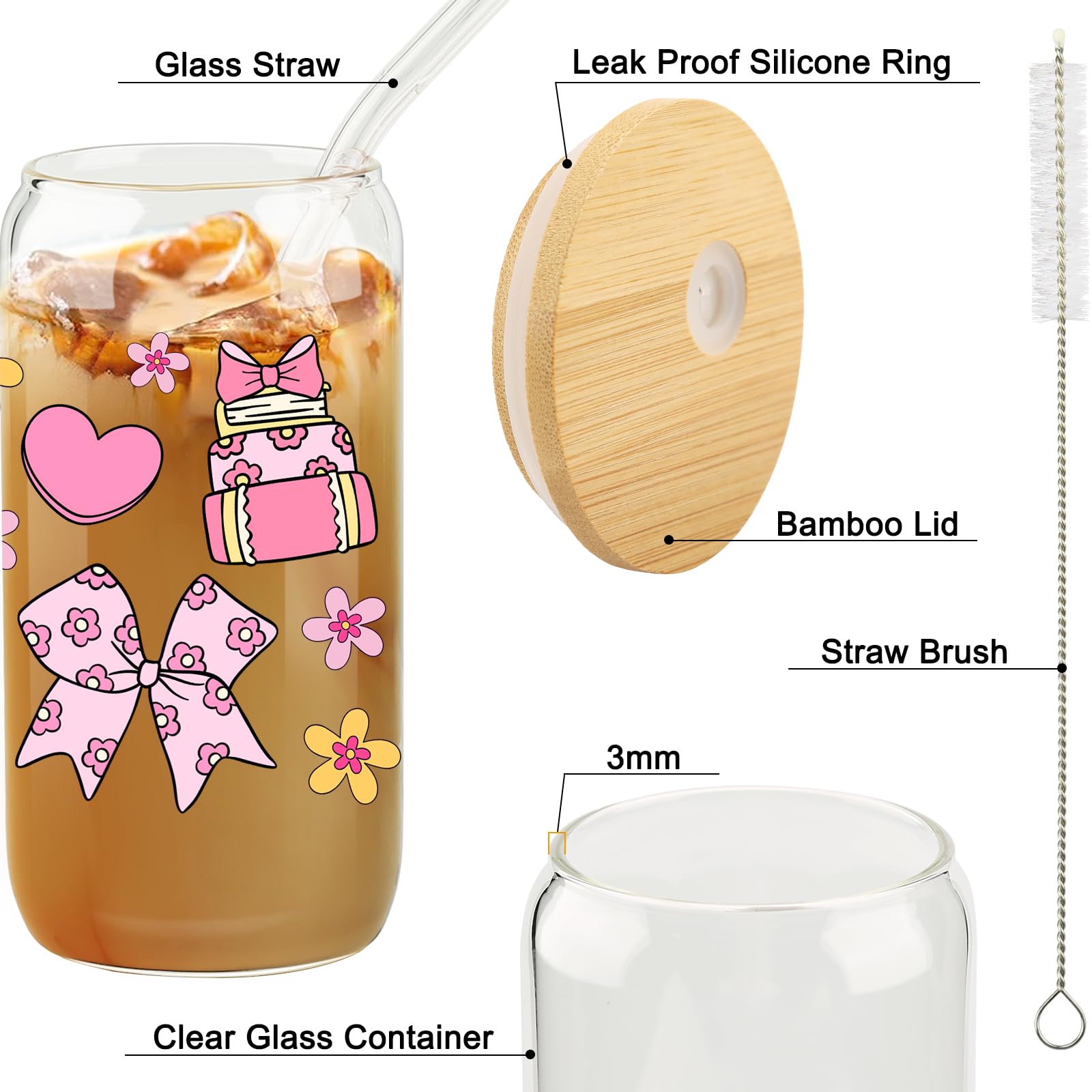 Cherry Bow Cup, Birthday Gifts for Women, Girly Gifts for Her, Sister, Mom, Colleague - 16 OZ Glass Tumbler with Straw & Lid, Coquette Iced Cup