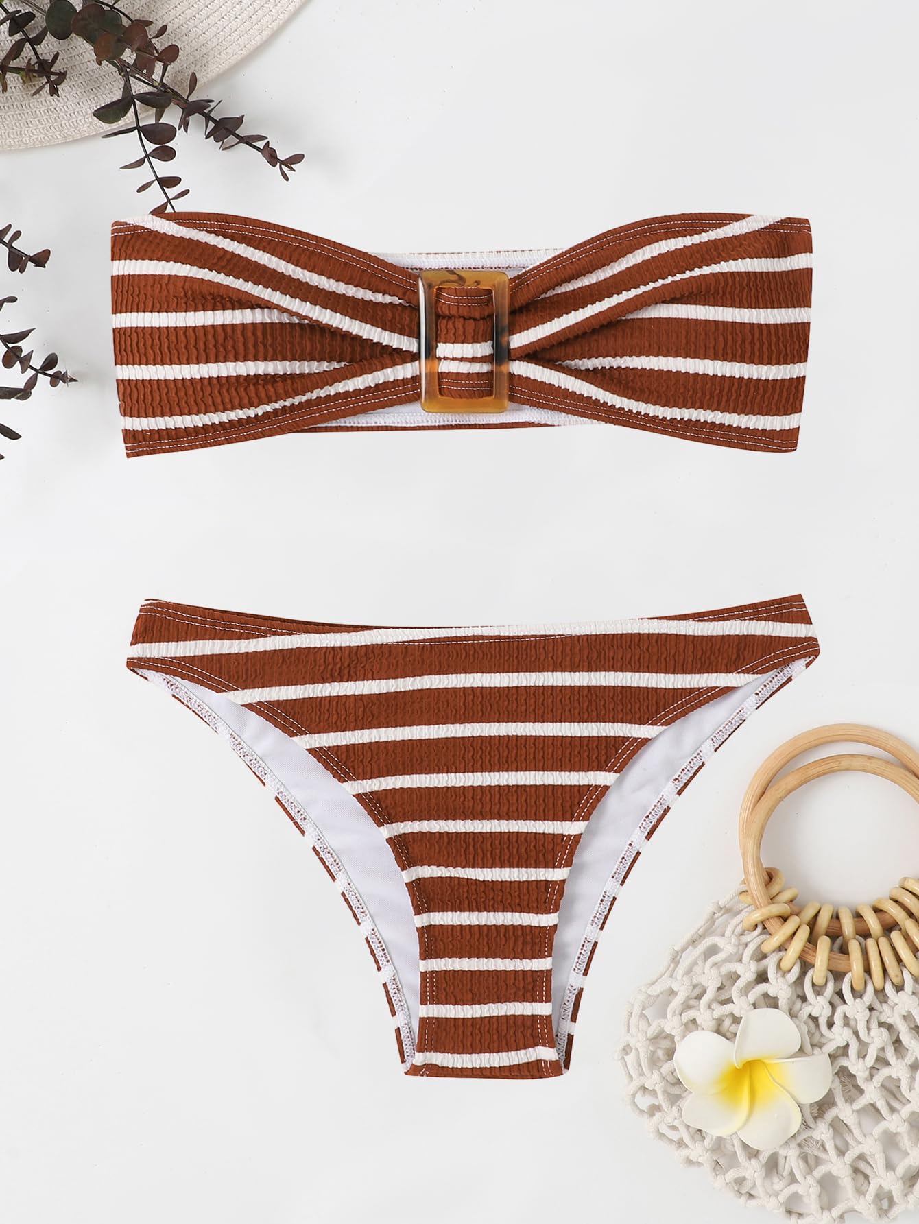 Women's 2 Piece Strapless Swimsuit Striped Bandeau High Waisted Thong Bikini Set Bathing Suit