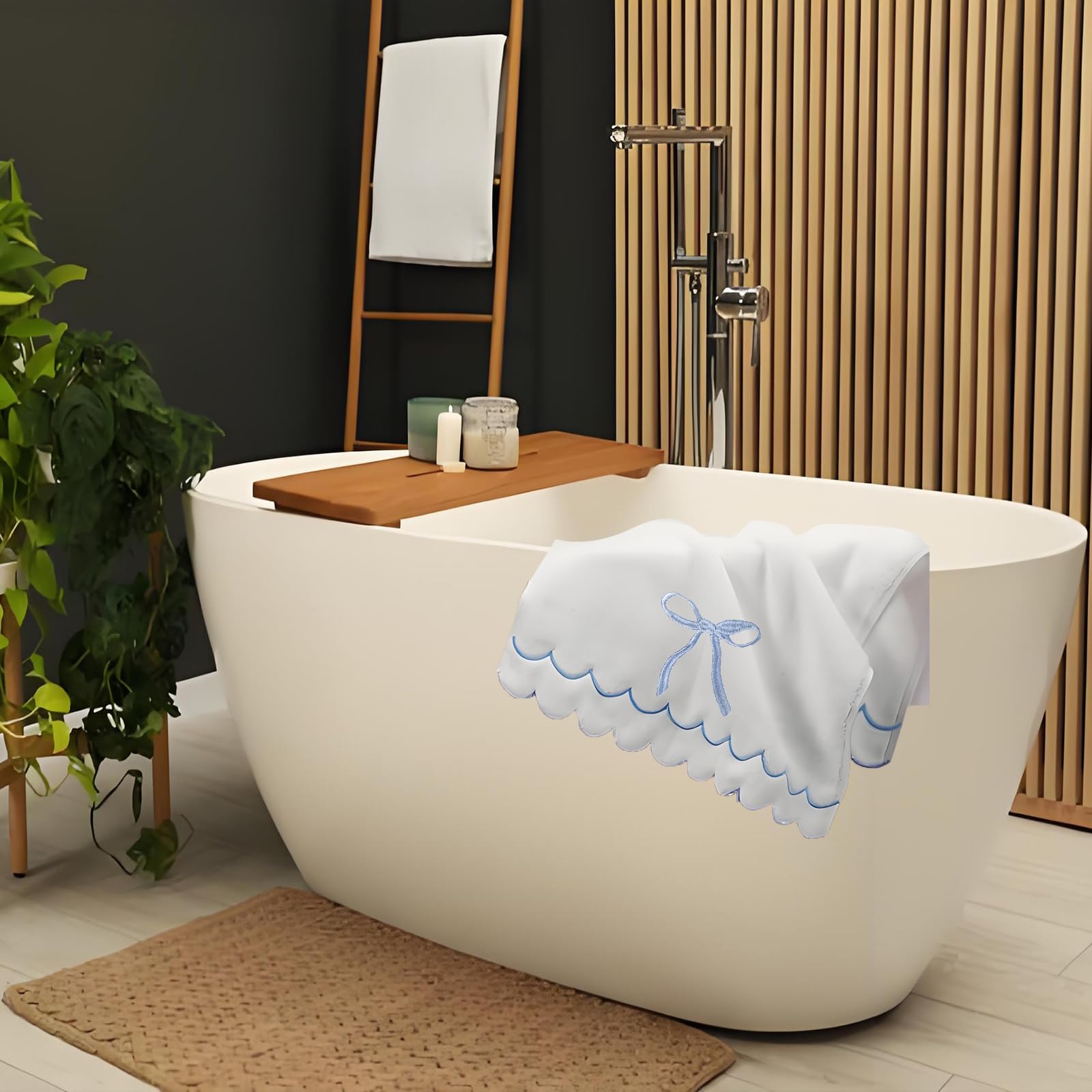 Cute 4 Set Coquette Bow Bath Towels Set 2 Bath Towels 2 Hand Towels Soft Embroidered Preppy Decorative Scalloped Towels for Bathroom