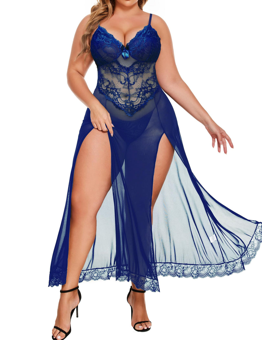 Plus Size Lingerie For Women Babydoll Sexy Mesh Maxi Nightdress Exotic Sleepwear Side Slits