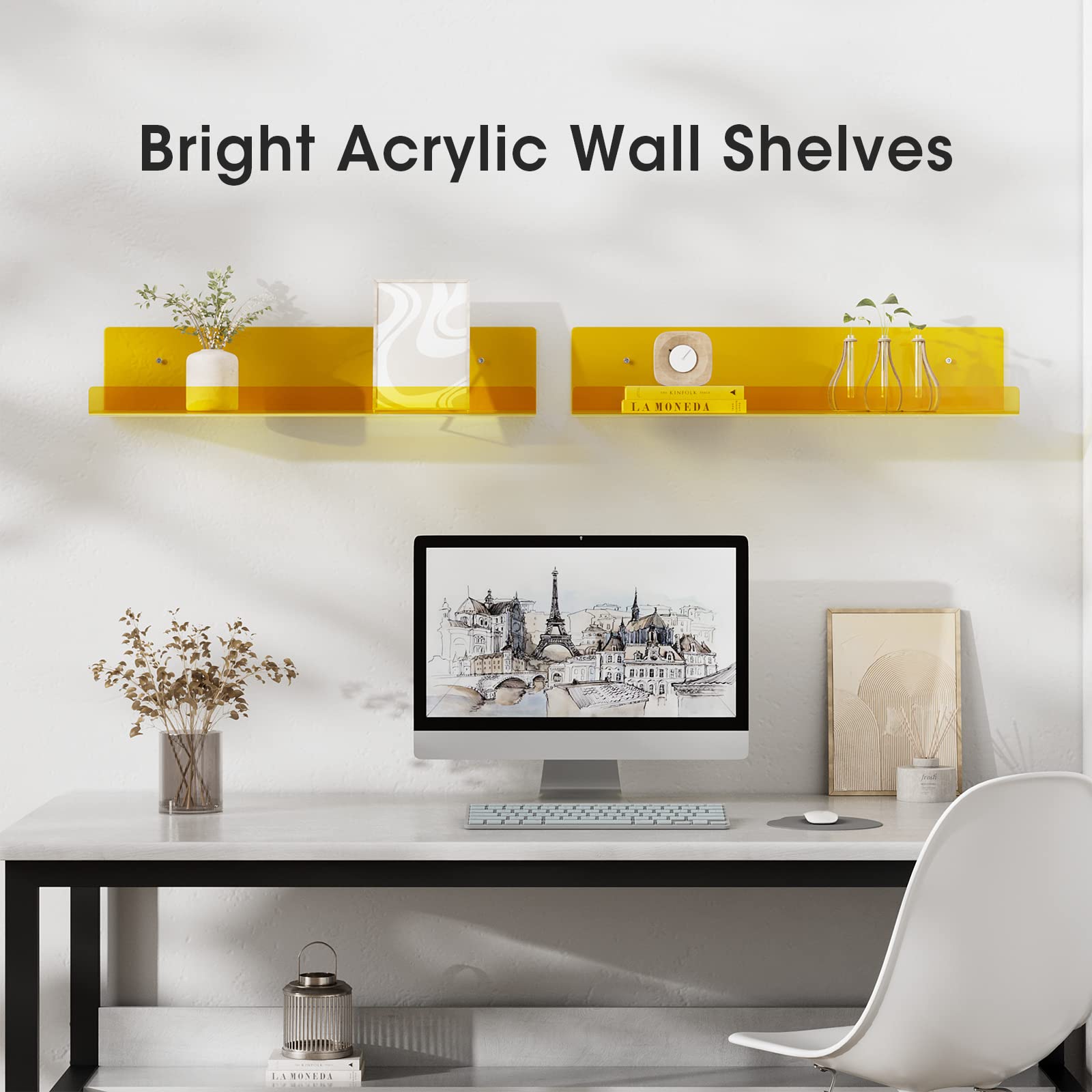 Floating Acrylic Shelves, 2 Pack Kids Floating Bookshelf Wall Mounted Display Shelf for Books