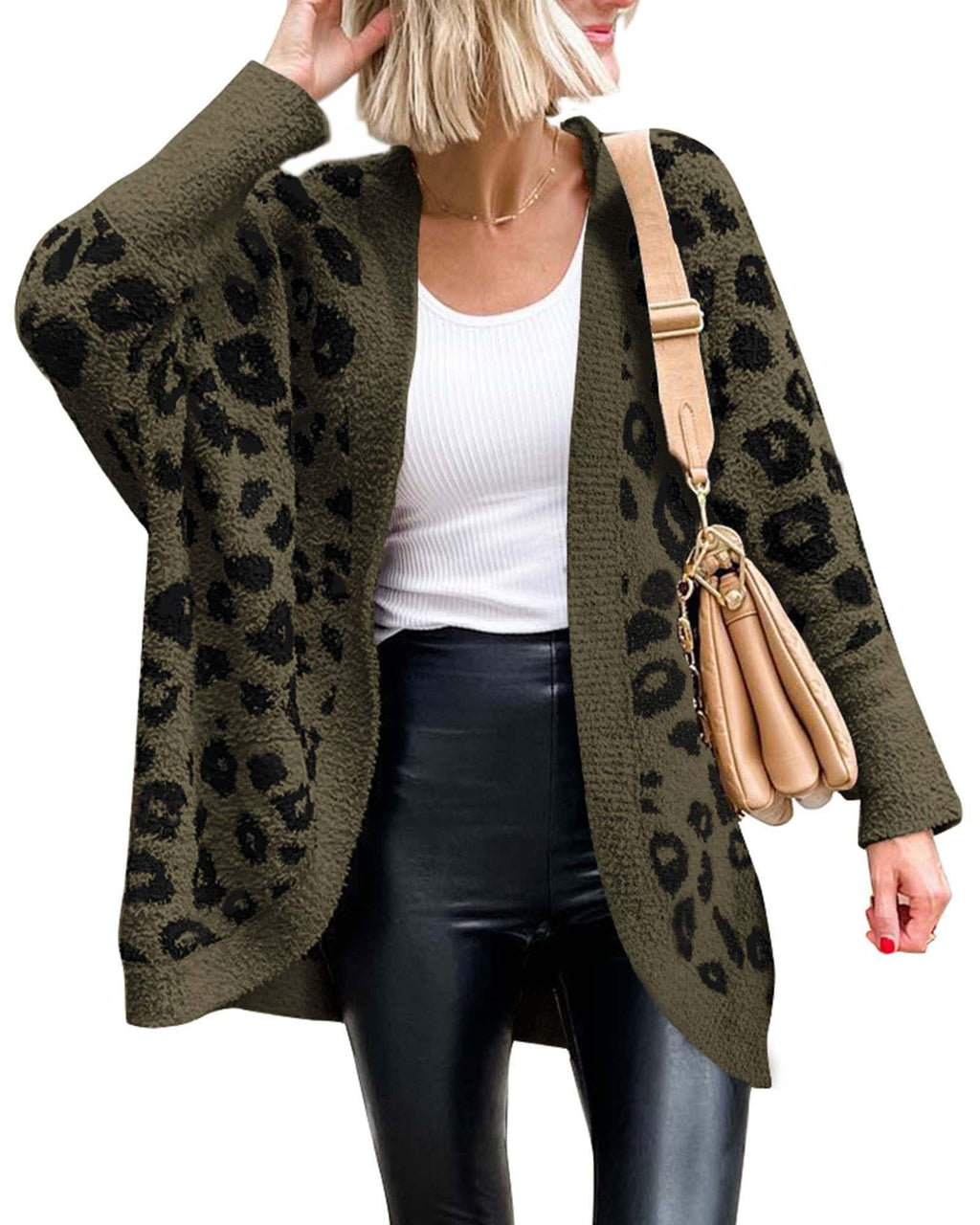 Women Fashion Leopard Print Long Sleeve Sweater Cardigan Loose Knit Open Front Fall Winter Outwear Coats