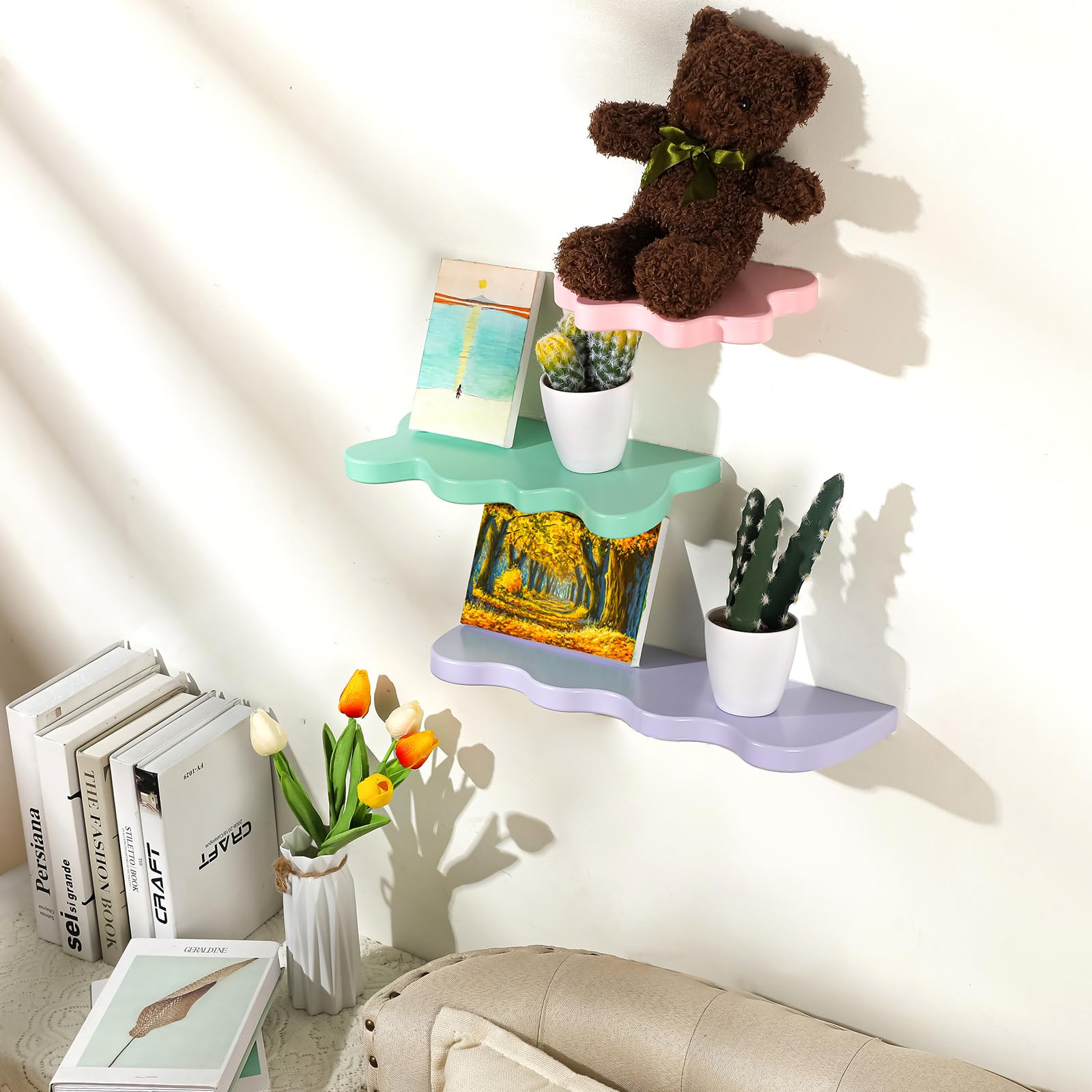 Set of 3 Wavy Cloud Floating Shelves â€?Funky Kawaii Danish Wall Decor for Bedroom & Bathroom (Pink, Green, Purple)