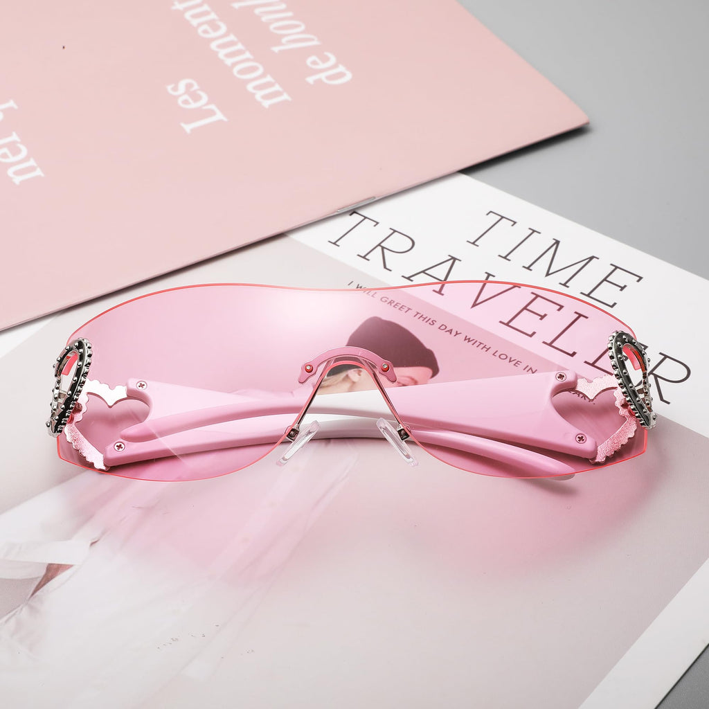 Wrap Around Heart Rhinestones Rimless Sunglasses Women Men, Oversized Fashion Futuristic Sun Glasses Cool Shade 2000S Trendy