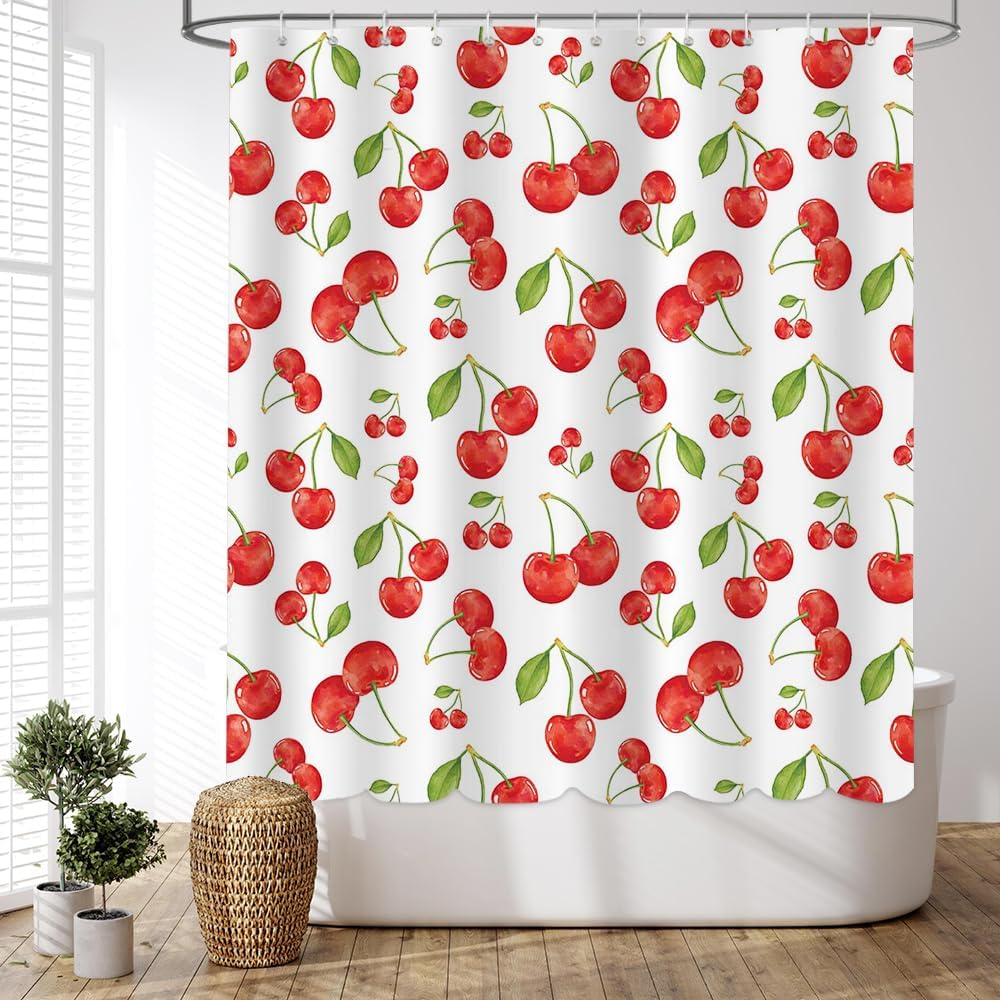 Cute Sweet Cherry Shower Curtain Set with Hooks - Fruit Shower Curtain for Bathroom - Waterproof Durable Fabric 72x72 Inches