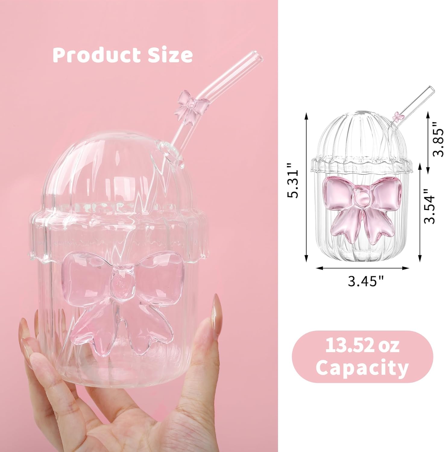 Coquette Cute Pink Bow Glass Cup with Lid And Straw, Aesthetic Glass Tumbler