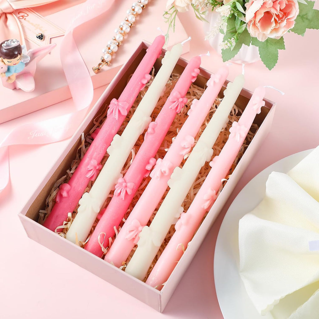 Coquette Bow Taper Candle Decor Pink White Aesthetic Wax Candle 6 Pack