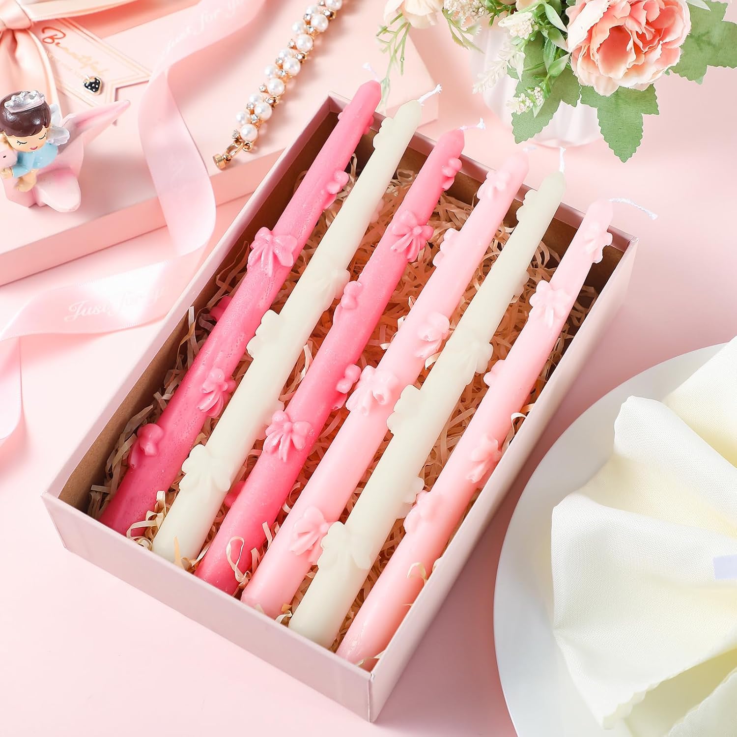 Coquette Bow Taper Candle Decor Pink White Aesthetic Wax Candle 6 Pack