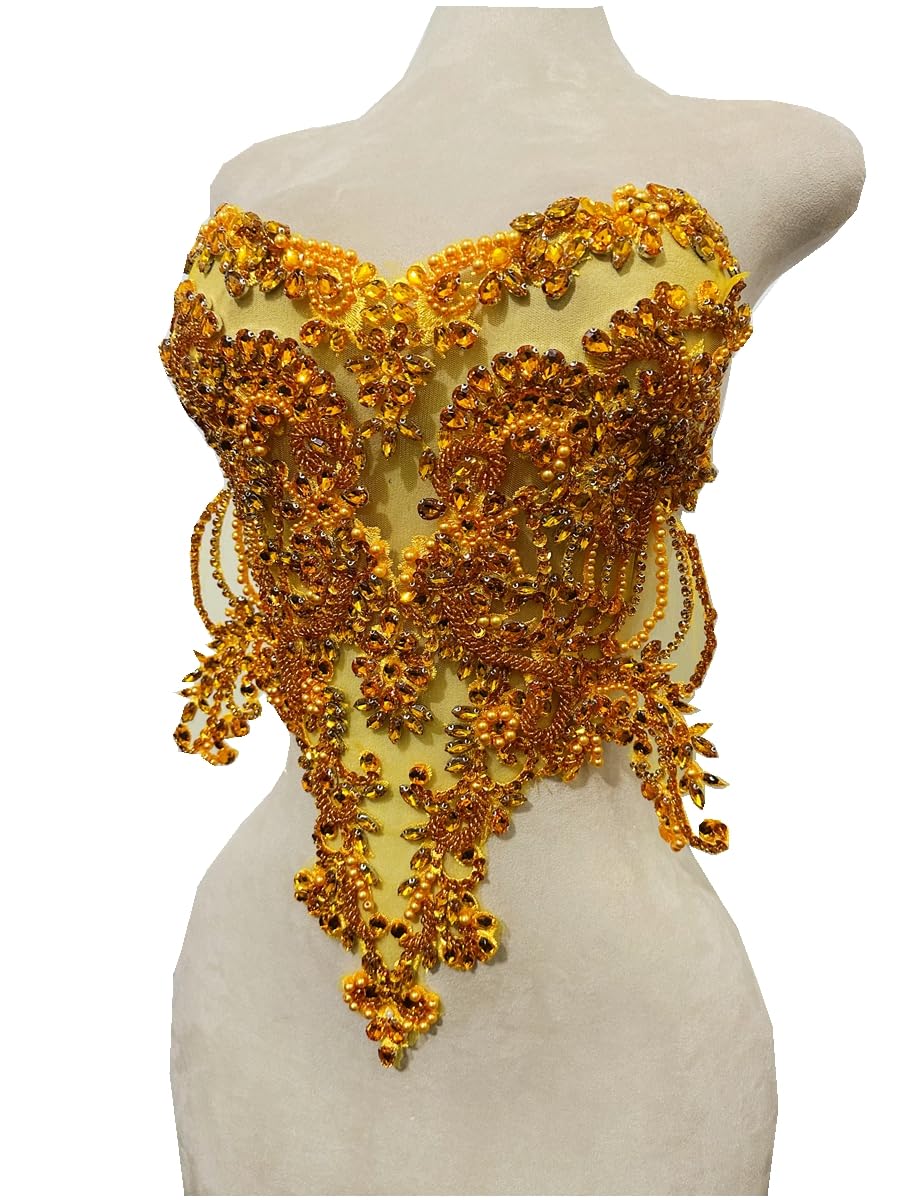 Handmade red/Blue/Gold/Green Rhinestones lace Bodice Applique Sewing Beads Crystal Trim Patches Accessory for Dress Clothes (Rose red)