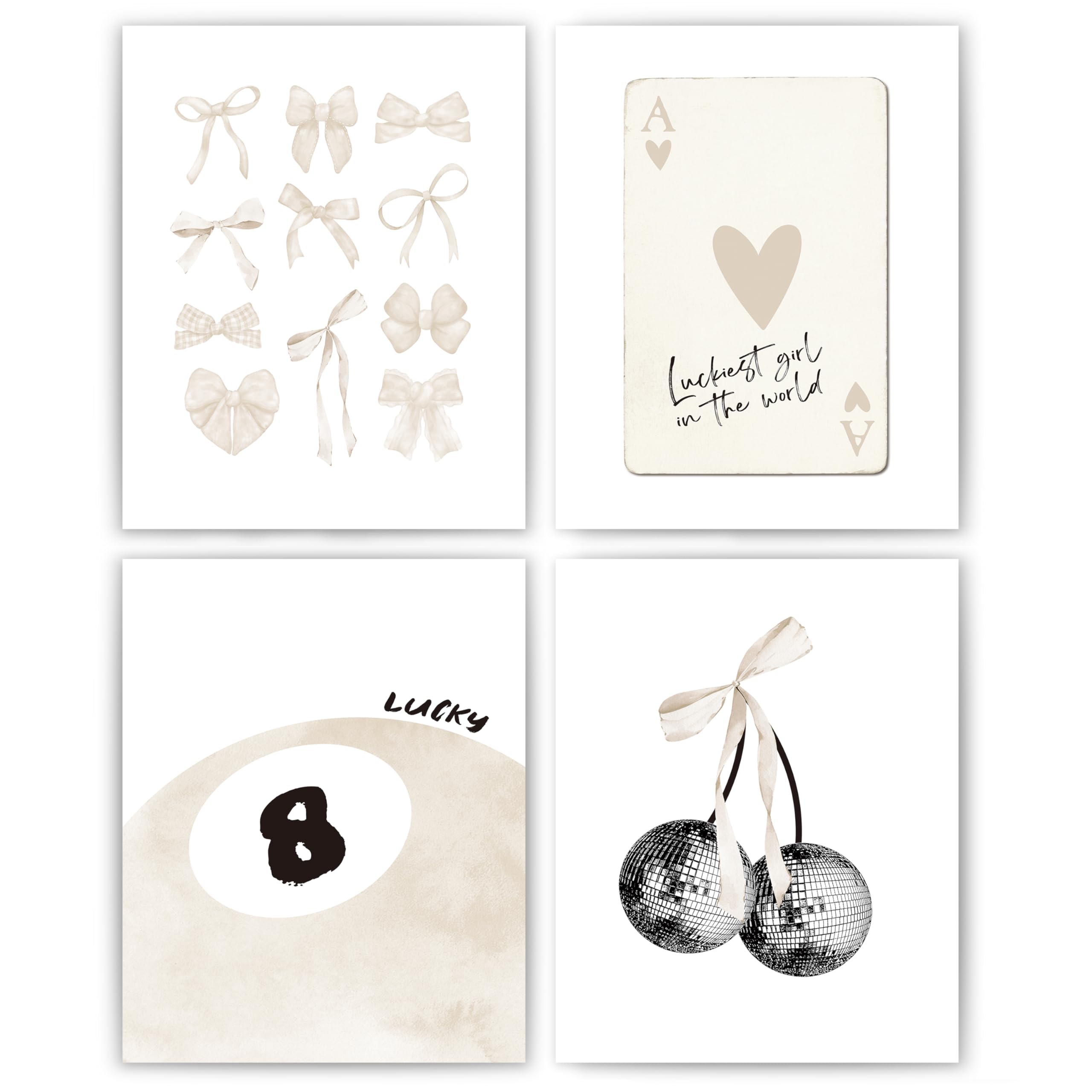 Set of 4 Coquette Preppy Wall Art Prints â€?8x10 Unframed Posters Featuring Bow, Disco, 8-Ball, and Cherry Designs Room Decor