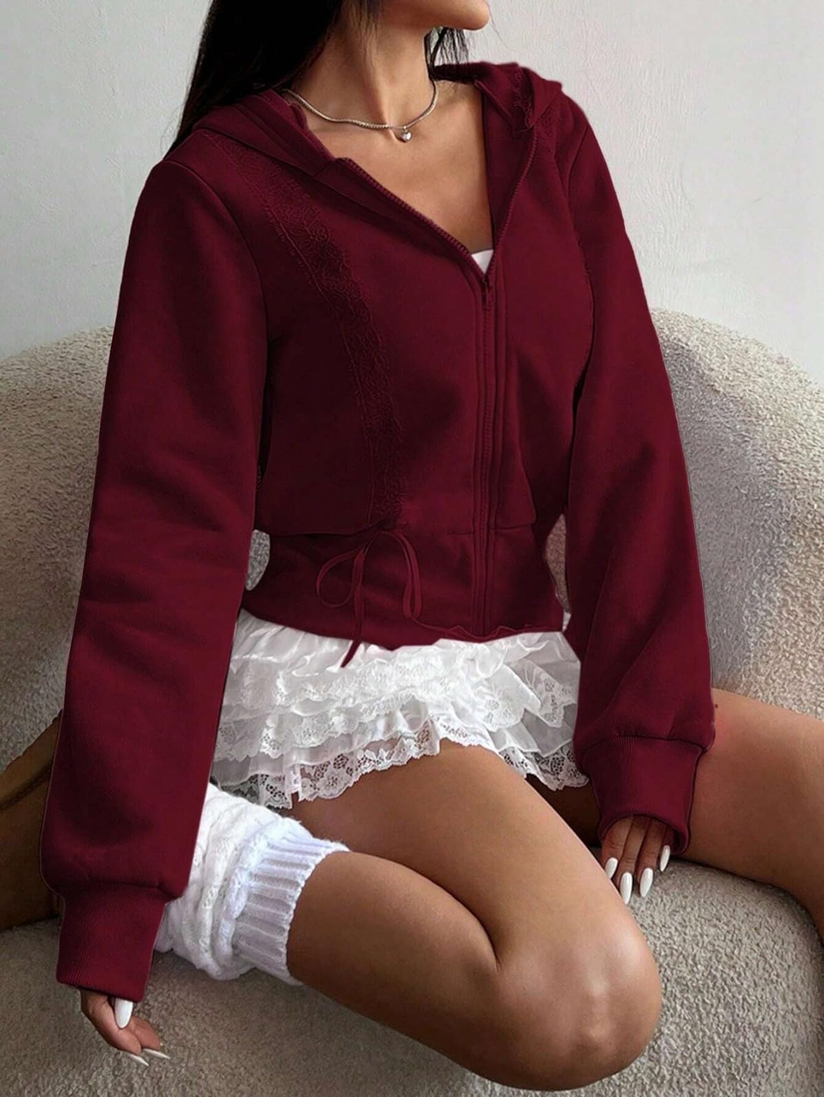 Women's Lace Patchwork Bow Zip-Up Crop Hoodie â€?Y2K Coquette Fleece Casual Hooded Sweatshirt