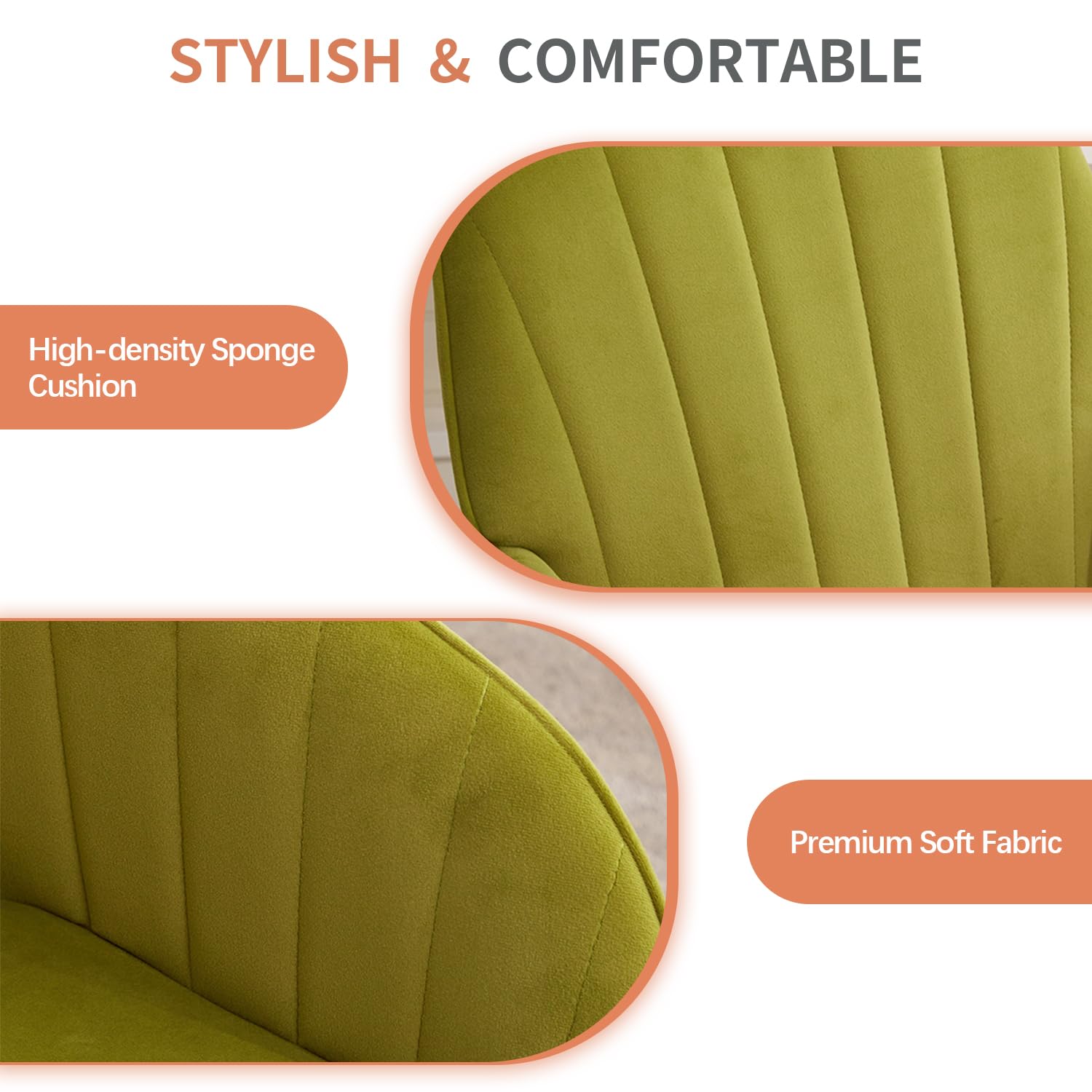 Modern Vanity Velvet Adjustable Low Back Rolling Chair, Twill Upholstered Cute Chair with Wheels