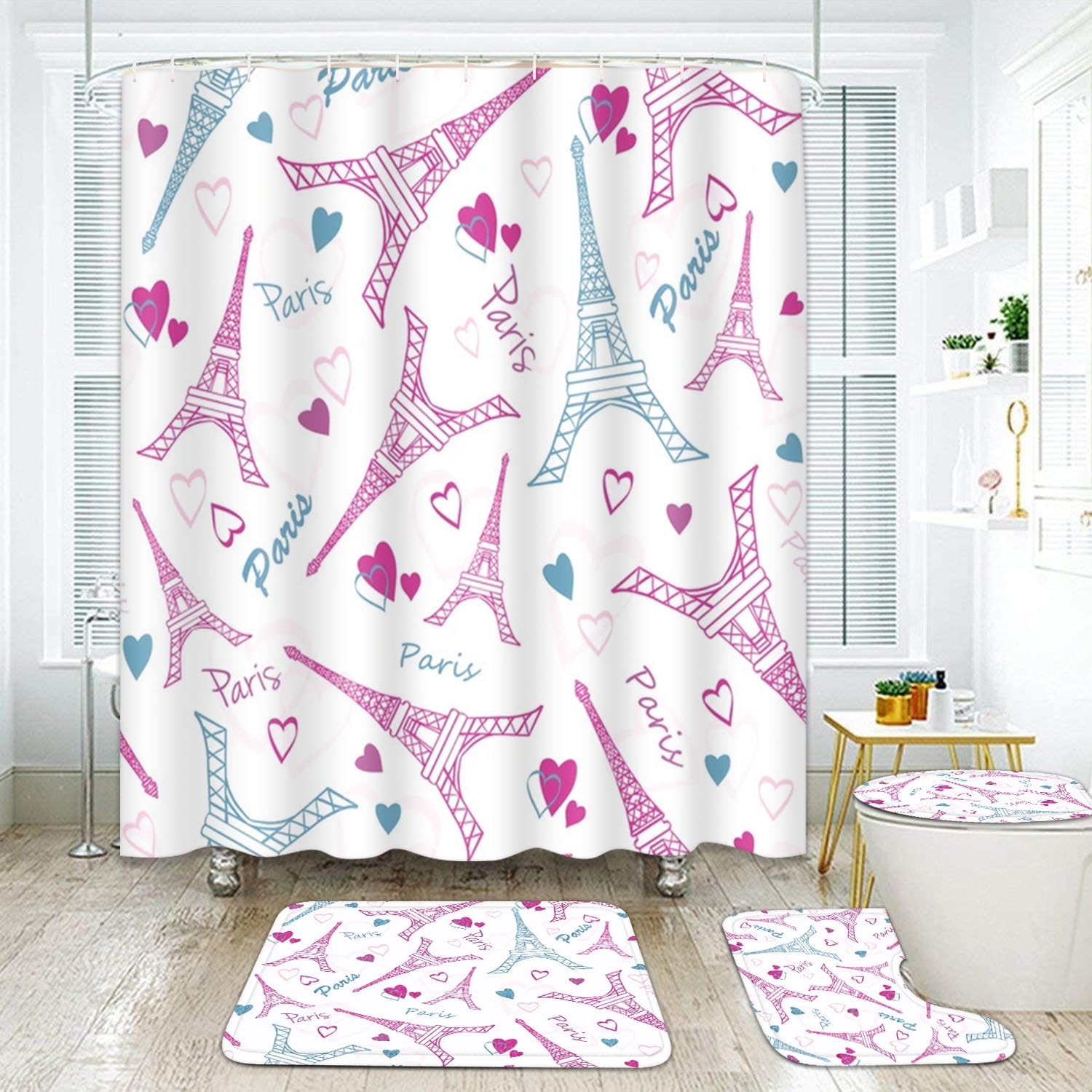 Vintage 4 Pcs Bathroom Sets with Shower Curtain and Rugs, Shower Curtain Sets for Bathroom Decor with 12 Hooks