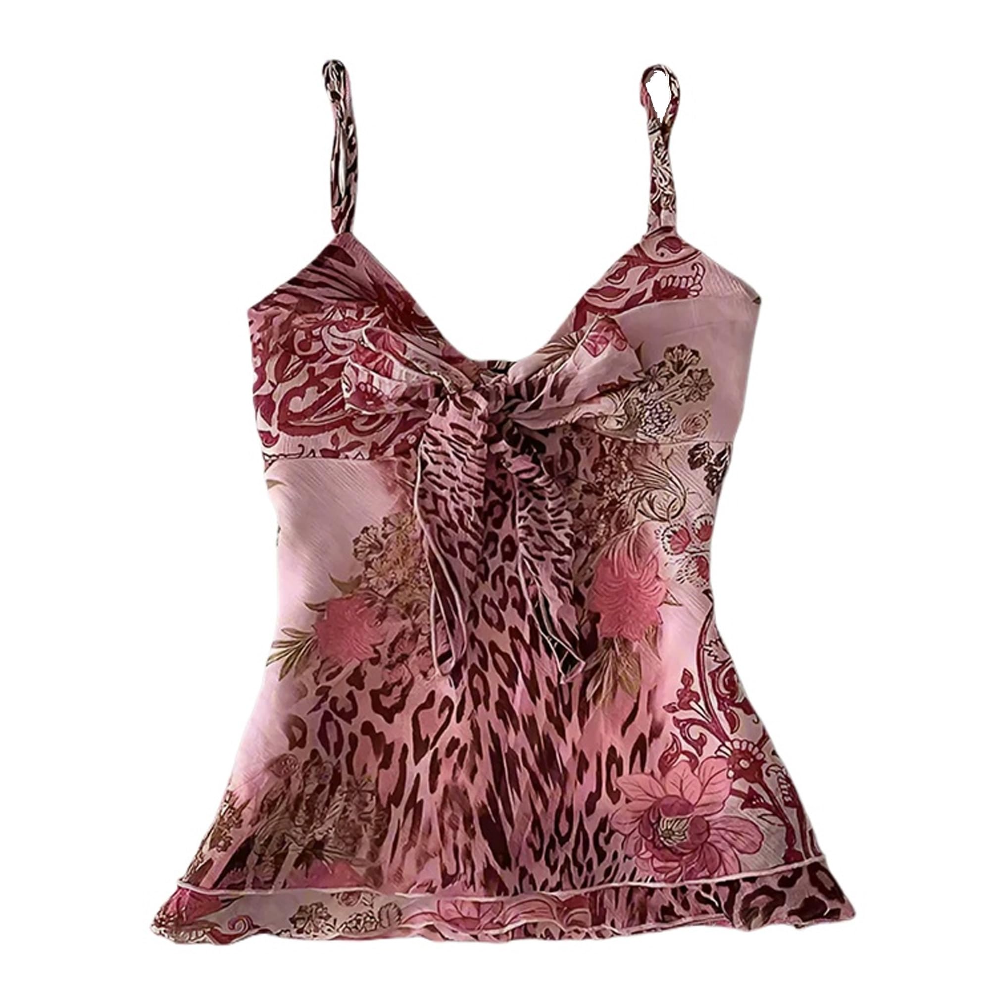 Emo Coquette Cropped Top Grunge 2000s Spaghetti Strap Tops Streetwear Vintage Camisole Y2k Cheetah Tops