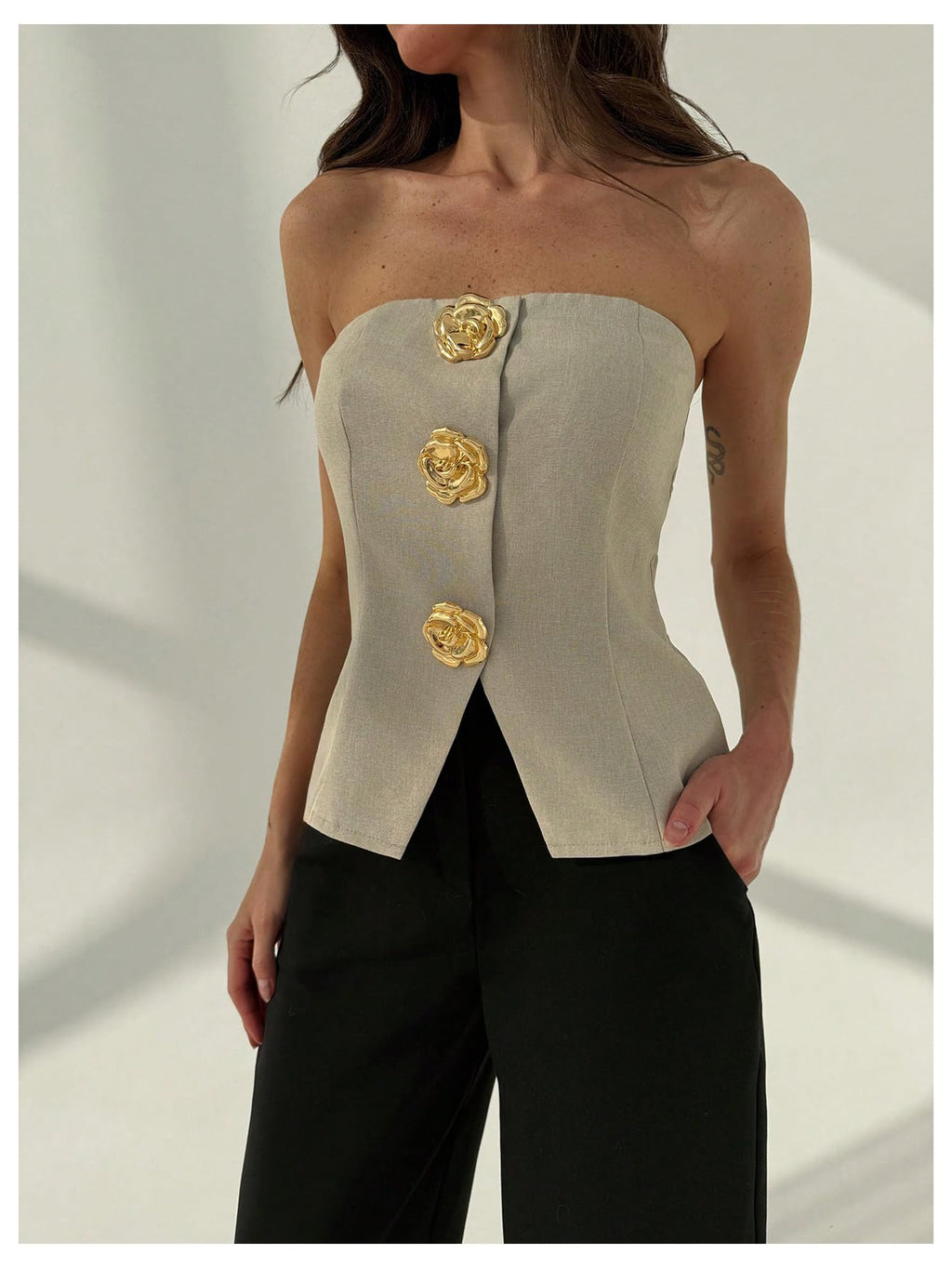 Women's Flower Metallic Sleeveless Bandeau Split Hem Strapless Tube Top