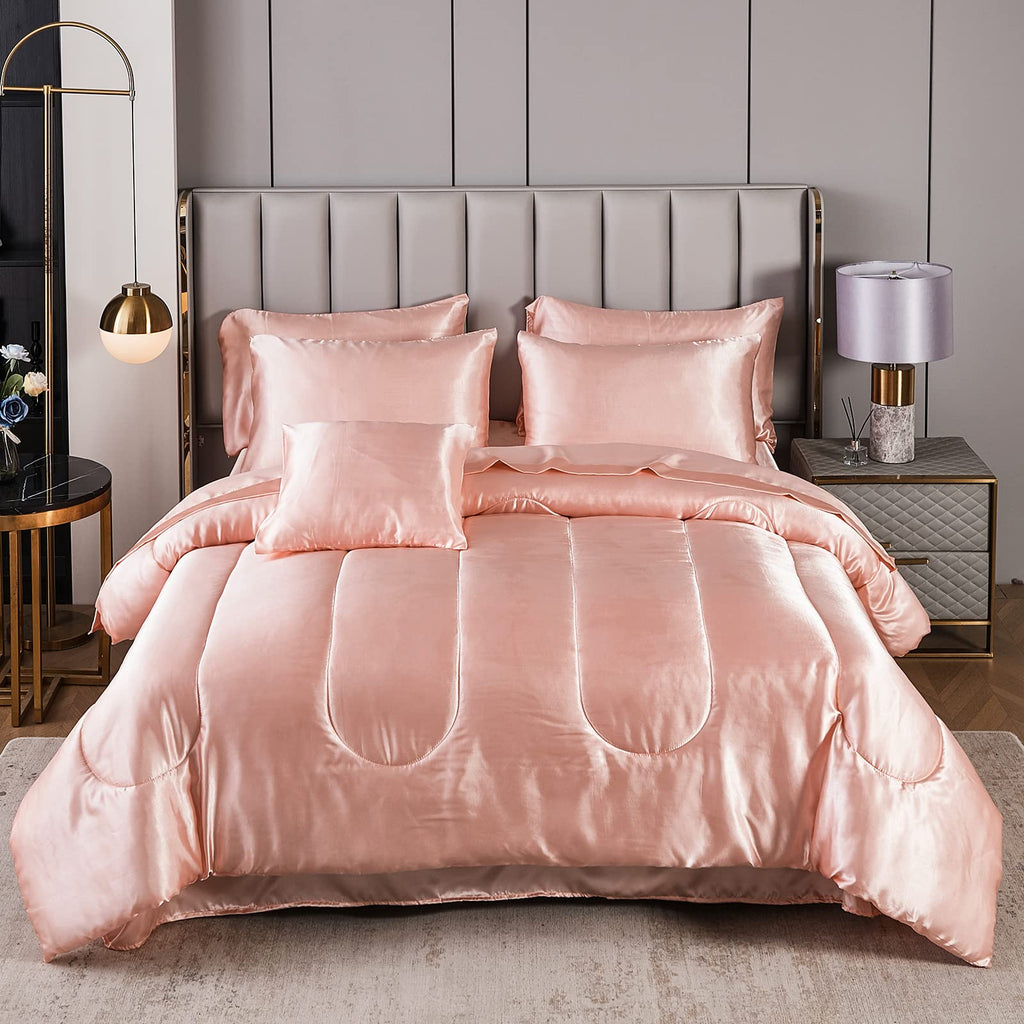 Satin Comforter Set with Sheet Set Full Silk Like Hot Pink Bed in a Bag Luxury Silky Bedding with 1 Comforter, 1 Flat Sheet, 1 Fitted Sheet, 4 Pillowcases, 1 Cushion Cover (Full, Hot Pink)