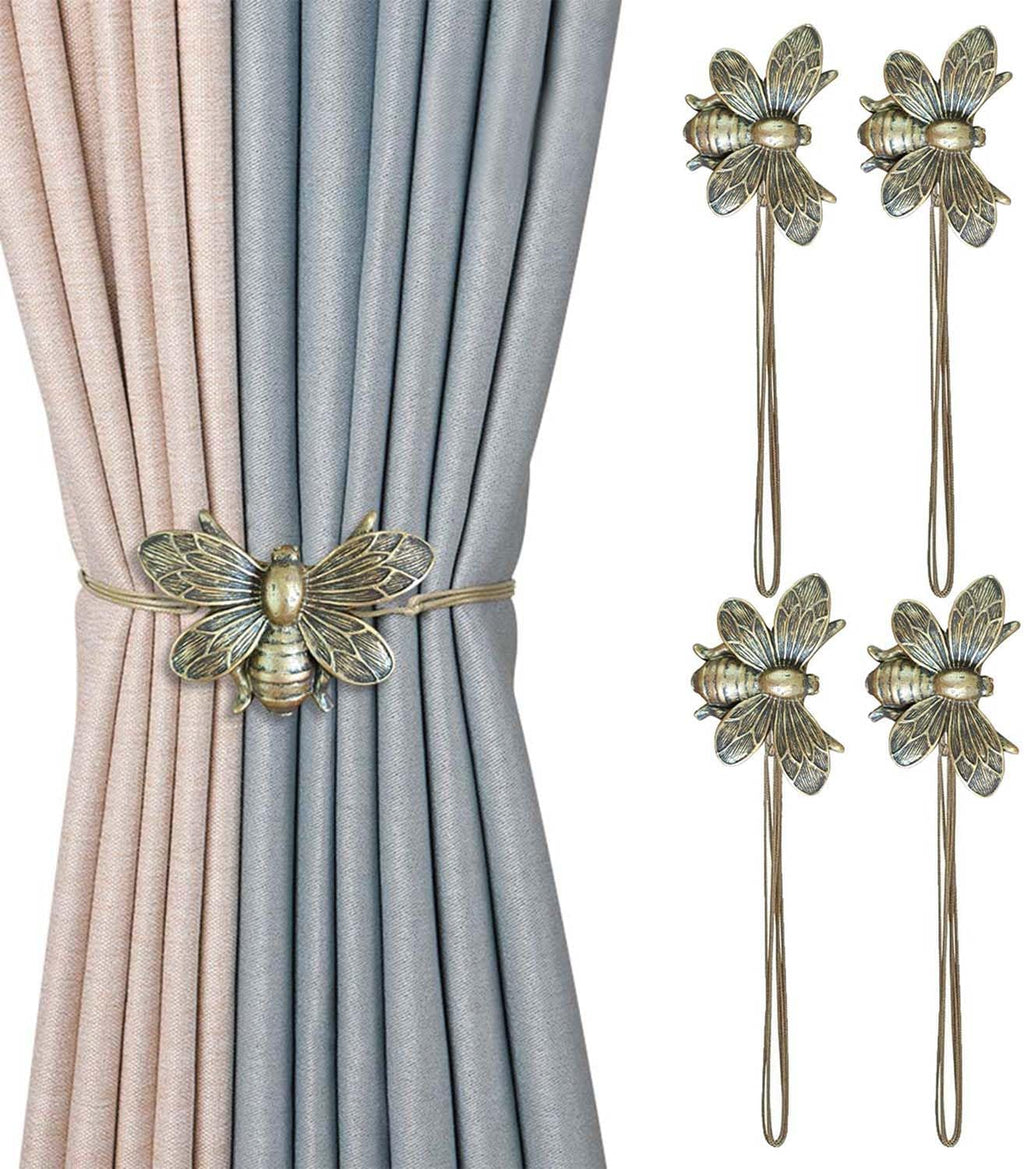 Set of 2 Resin Magnetic Curtain Tiebacks Golden Flying Bee Curtain Holders, Decorative Curtain Ties for Drapes