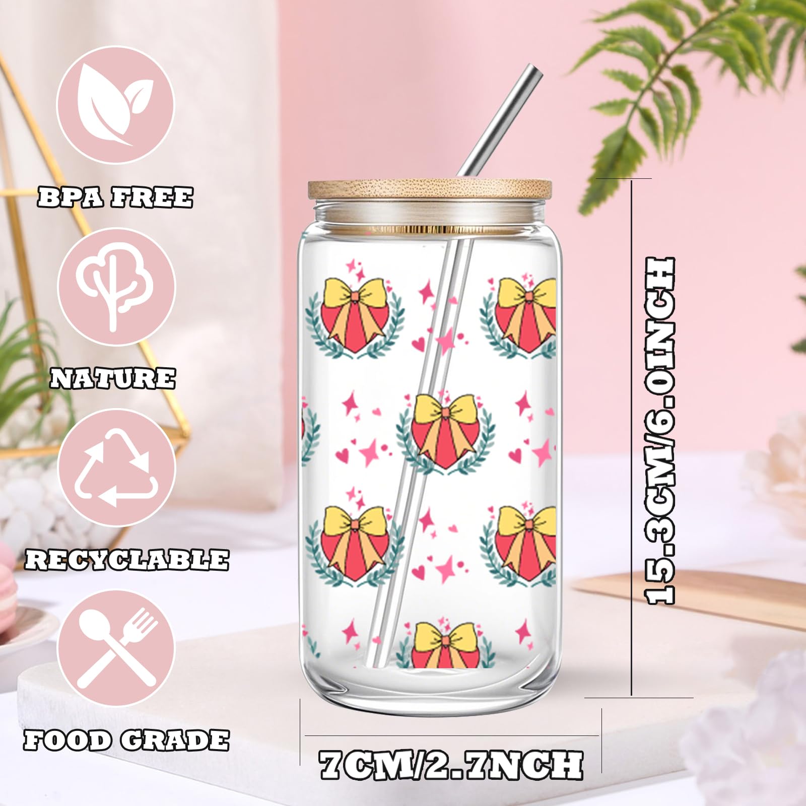Cute 16oz Glass Cups with Lids and Straws, 2 Pack