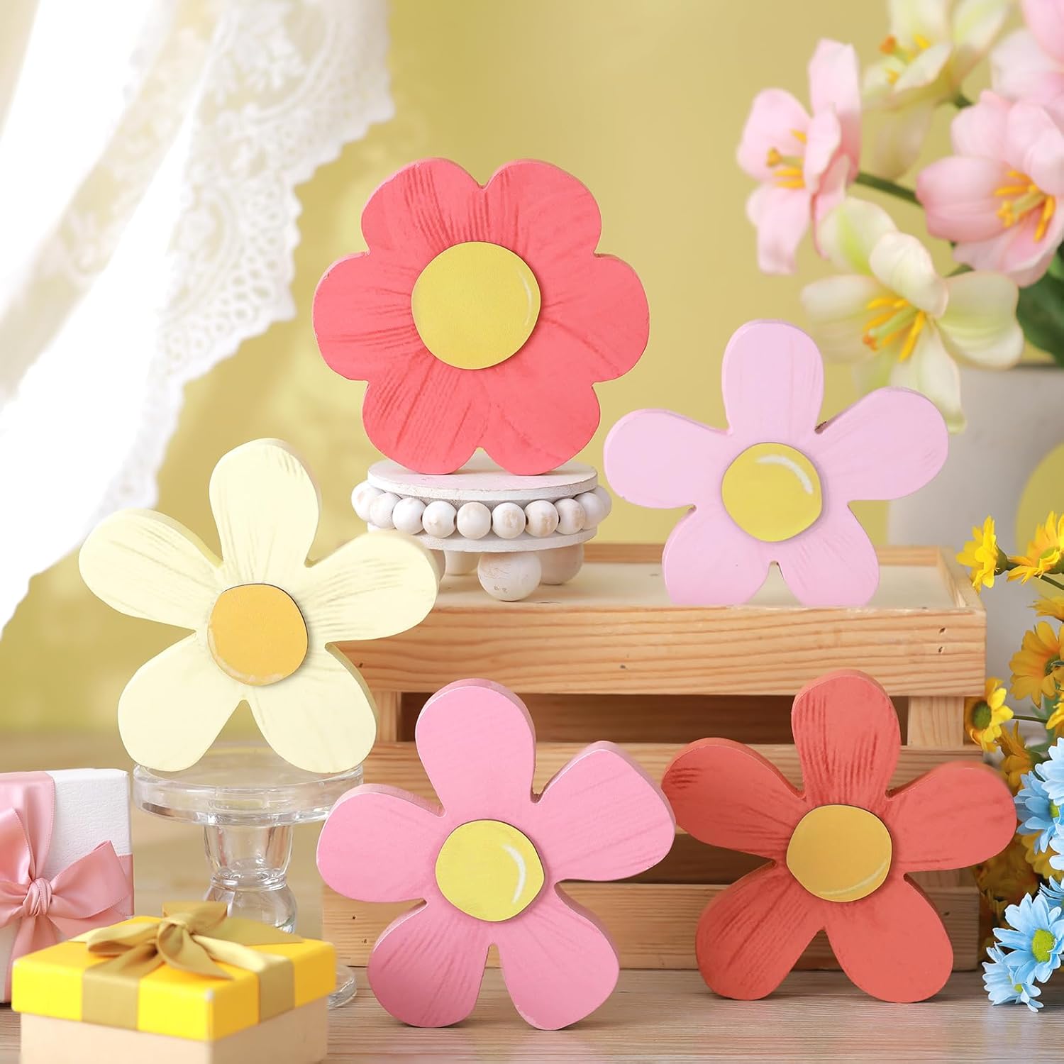 Daisy Decor Pink Coquette Girly Rustic Wooden Flower Tiered Tray Decor