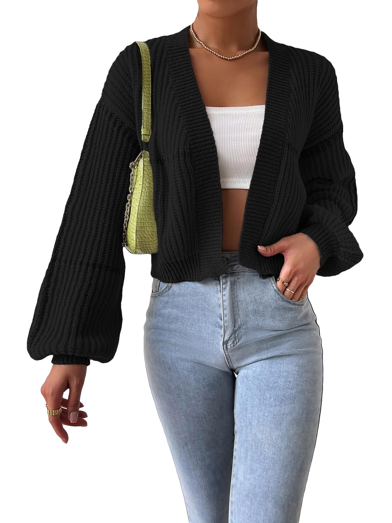 Women's Color Block Crop Cardigan Top Bishop Long Sleeve Open Front Sweater