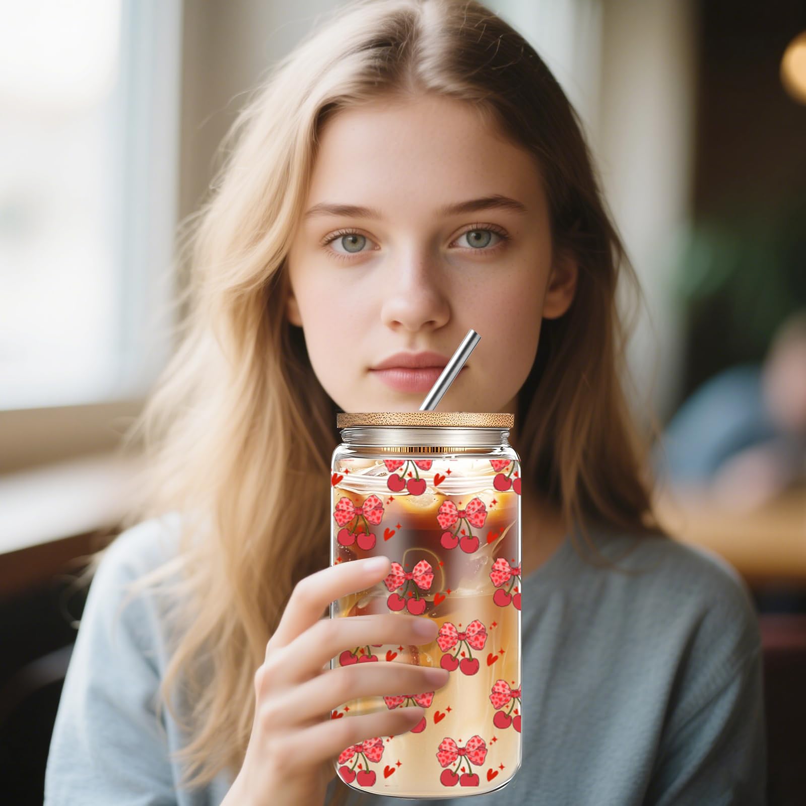 Cute 16oz Glass Cups with Lids and Straws, 2 Pack