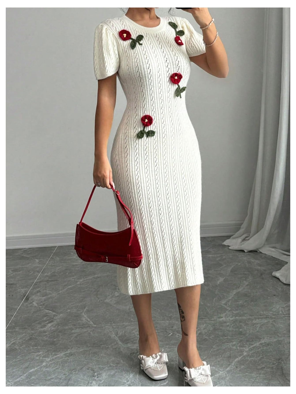 Women's 3D Flower Sweater Dress Crochet Short Sleeve Bodycon Mini Dresses
