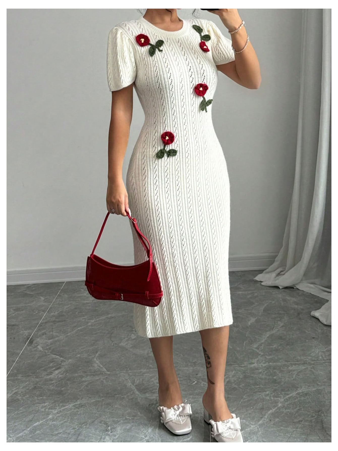 Women's 3D Flower Sweater Dress Crochet Short Sleeve Bodycon Mini Dresses