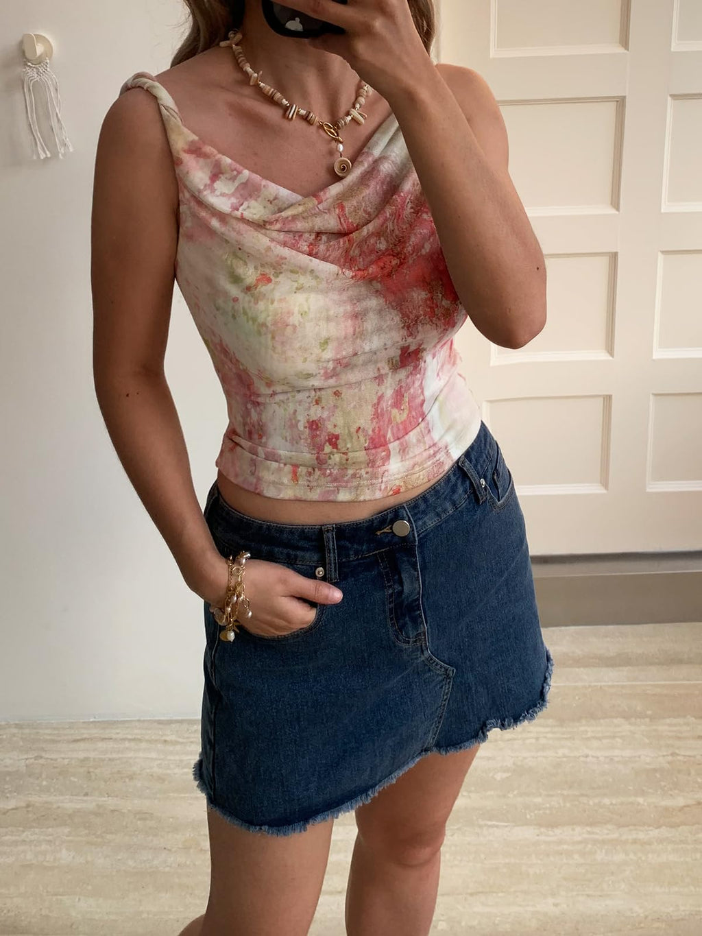 Women's Off The Shoulder Top Sleeveless Twist Strap Slim Fit Tie-Dyed Stretchy Tank Top Y2K Casual T Shirts