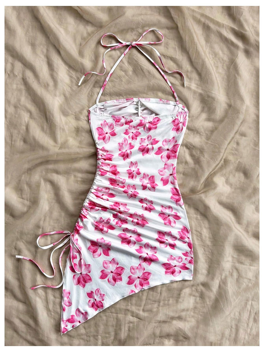 Women's Floral Print Halter Dress Sleeveless Drawstring Asymmetrical Hem Bodycon Dress