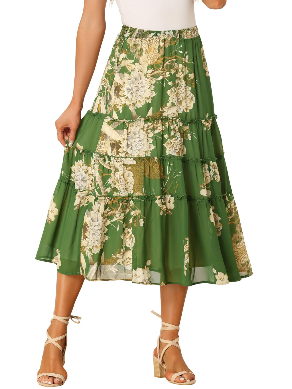 Women's Floral Skirt Chiffon A-line Long Tiered Ruffle Boho