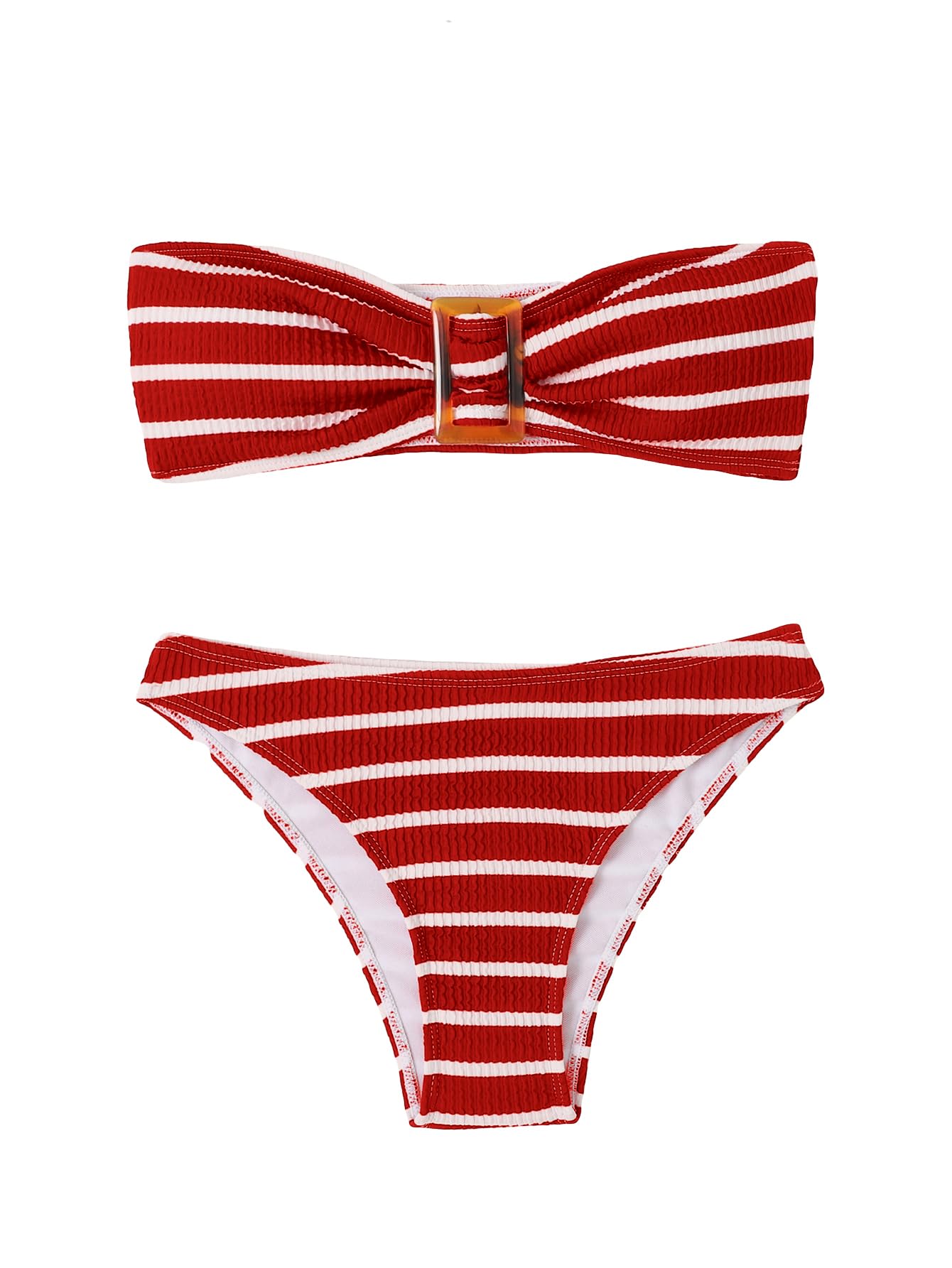 Women's 2 Piece Strapless Swimsuit Striped Bandeau High Waisted Thong Bikini Set Bathing Suit