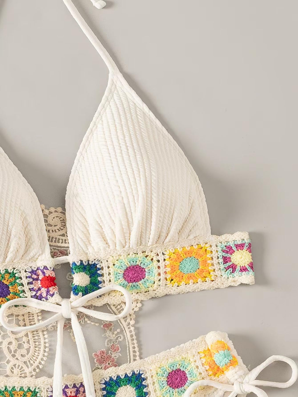 Women's Floral Embroidery Halter Padded Bikini Set Cut Out Boho Bathing Suit Swimsuit