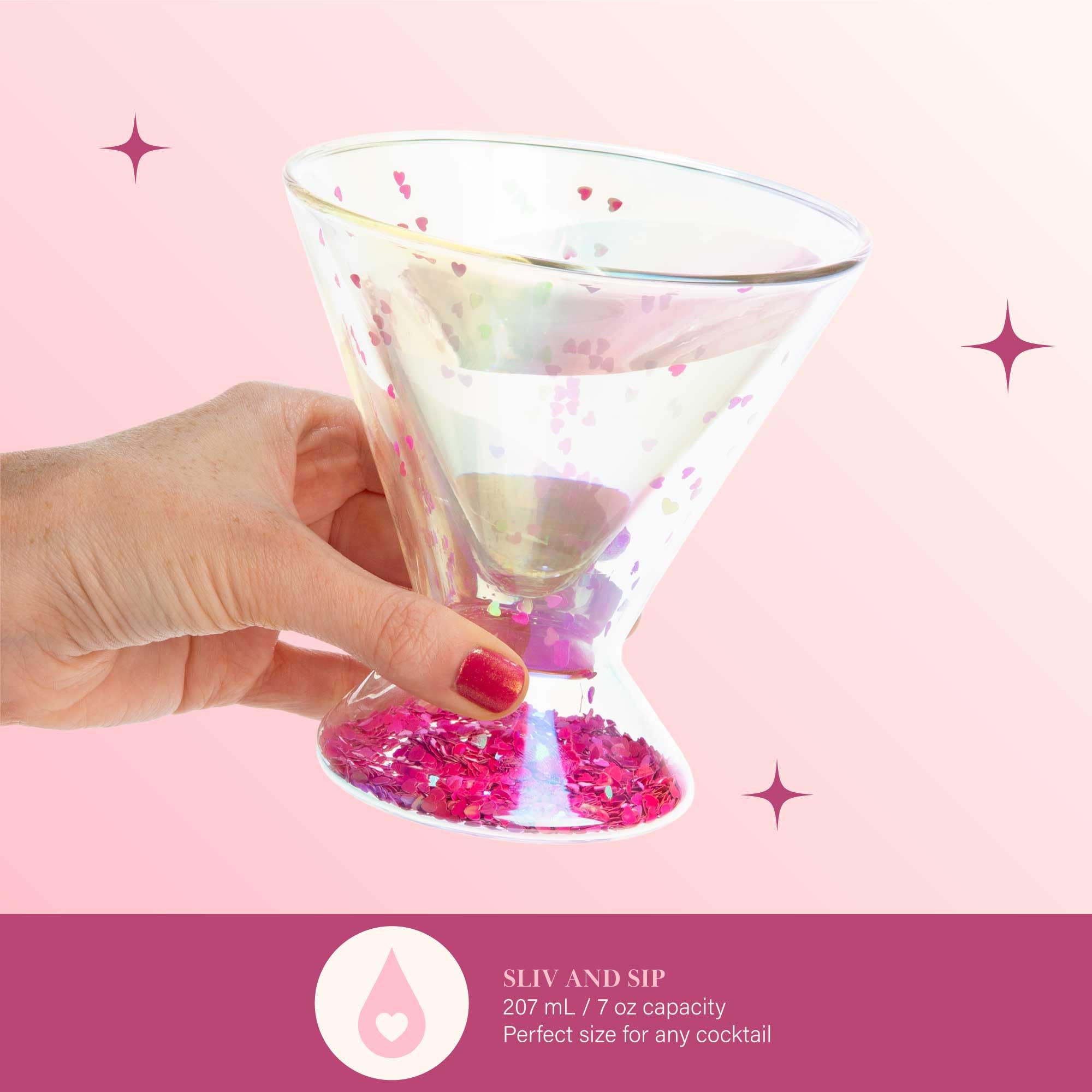 Paris Hilton 2-Piece Martini Glass Set, Double Wall Glass Design, Iridescent with Glitter Hearts - 207mL 7-Ounce