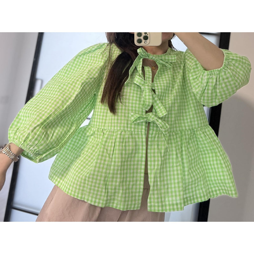 Tie Front Tops Womens Y2k Print Peplum Babydoll Top 3/4 Length Puff Sleeve Coquette Cute Going Out Tops